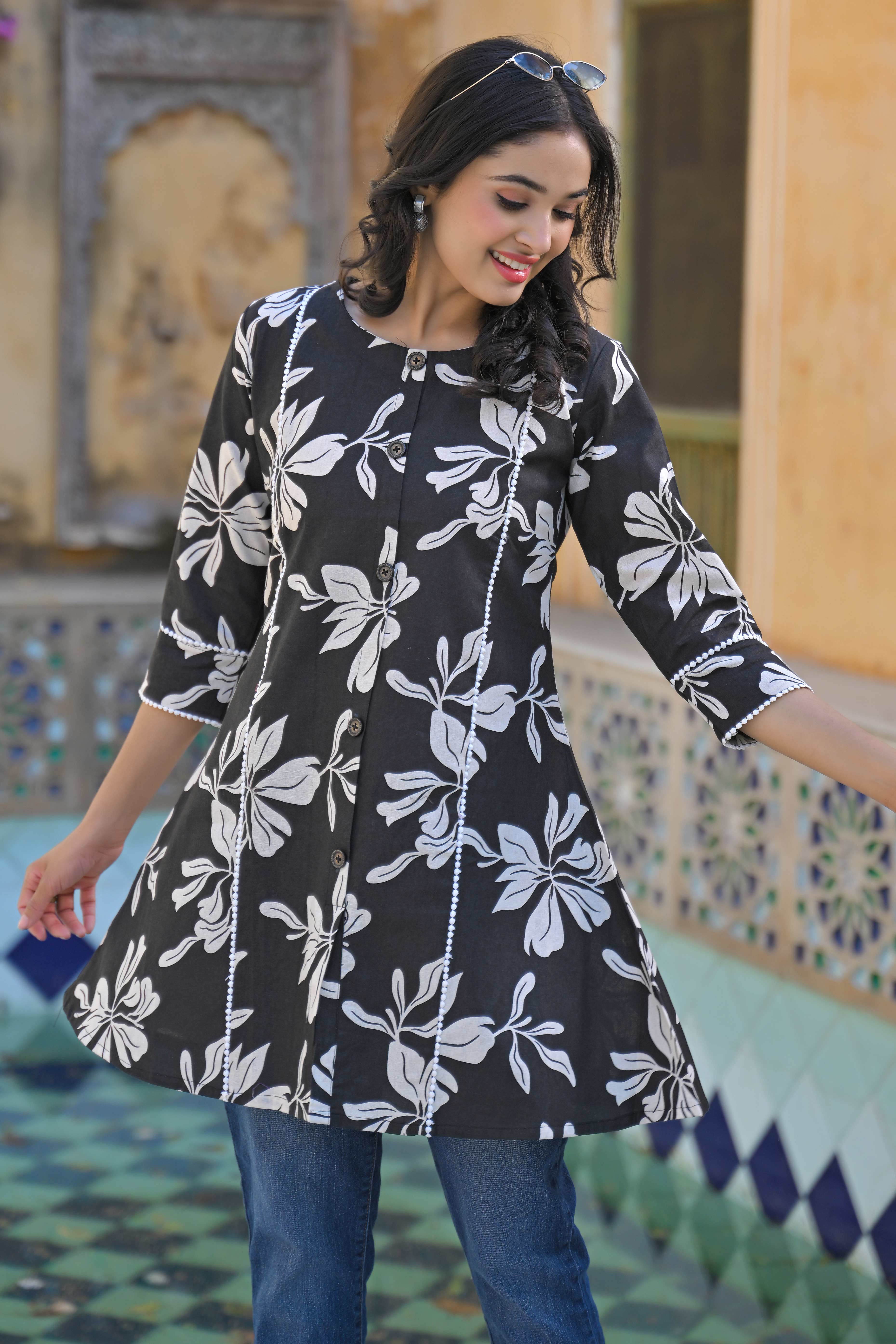 Black Floral Printed Pure Cotton A-Line Top