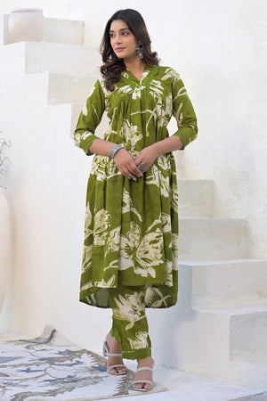 Flourishing Print Green Rayon A-Line Co-Ord Set