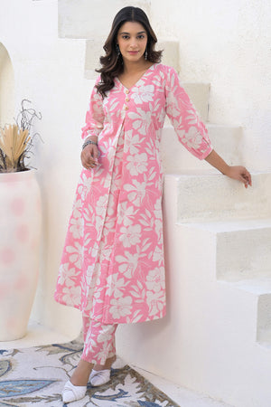 Floral Whisper Light Pink Cotton Flex A-Line Cut Co-Ord Set