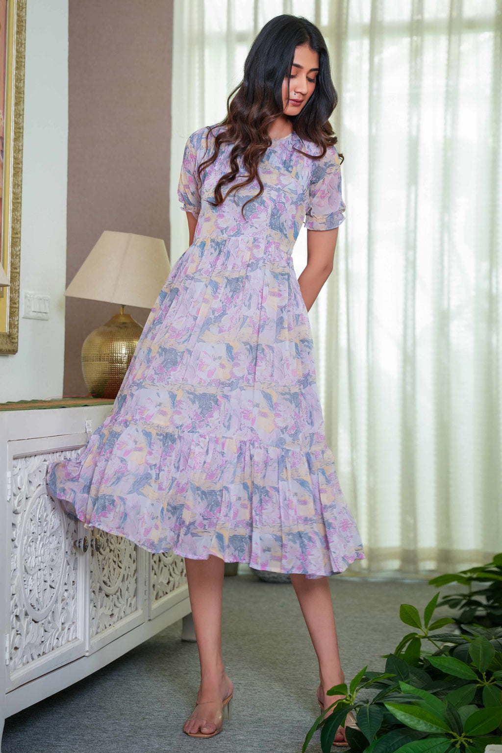 Flowy Scoop Chiffon Cape Lace Floor-length Dress Lavender
