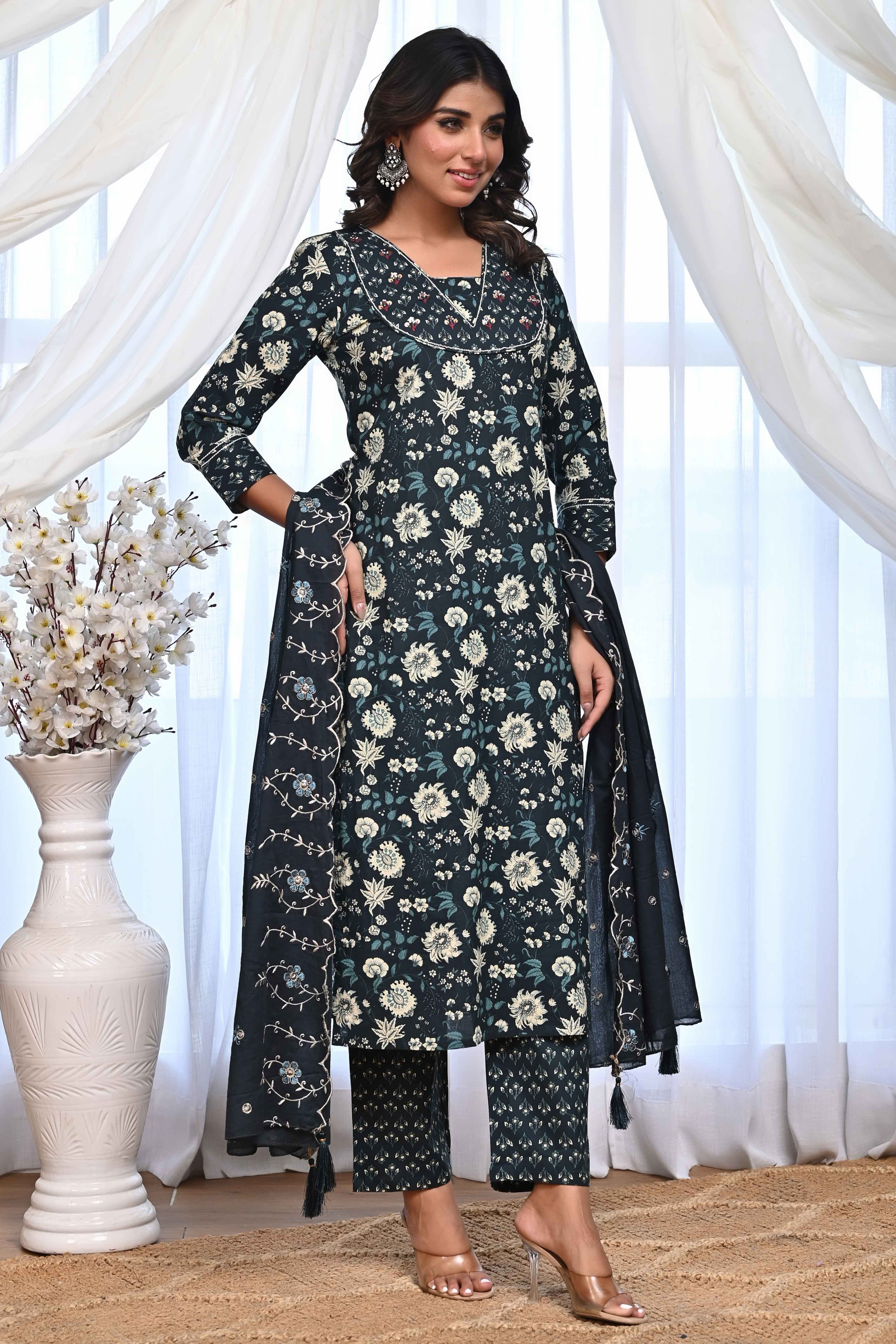 Dark Teal Blue Floral Printed Salwar Suit Adorned With Delicate Sequin Work On Pure Cotton