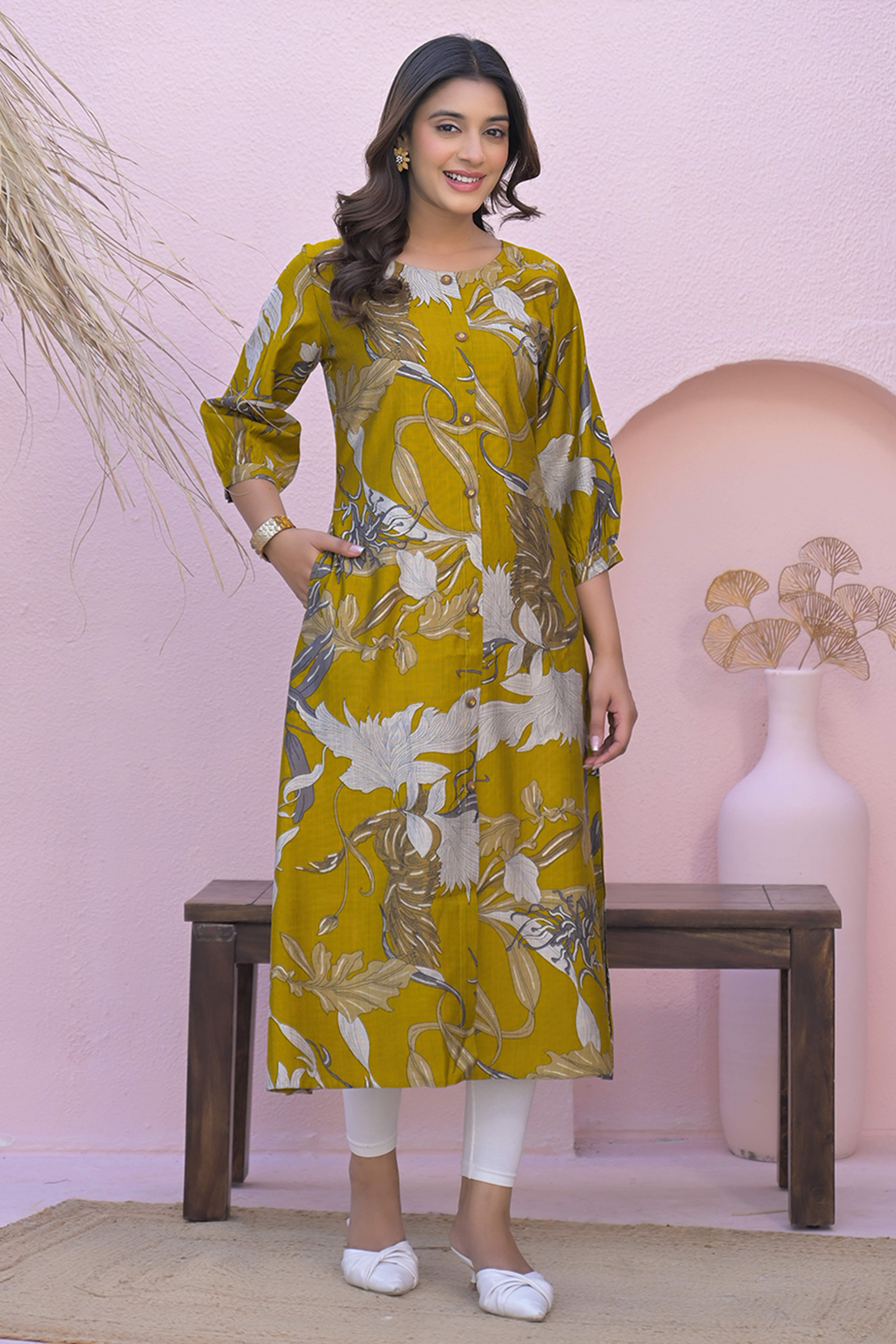 Mustard Floral Printed A-Line Kurti in Pure Cotton Fabric