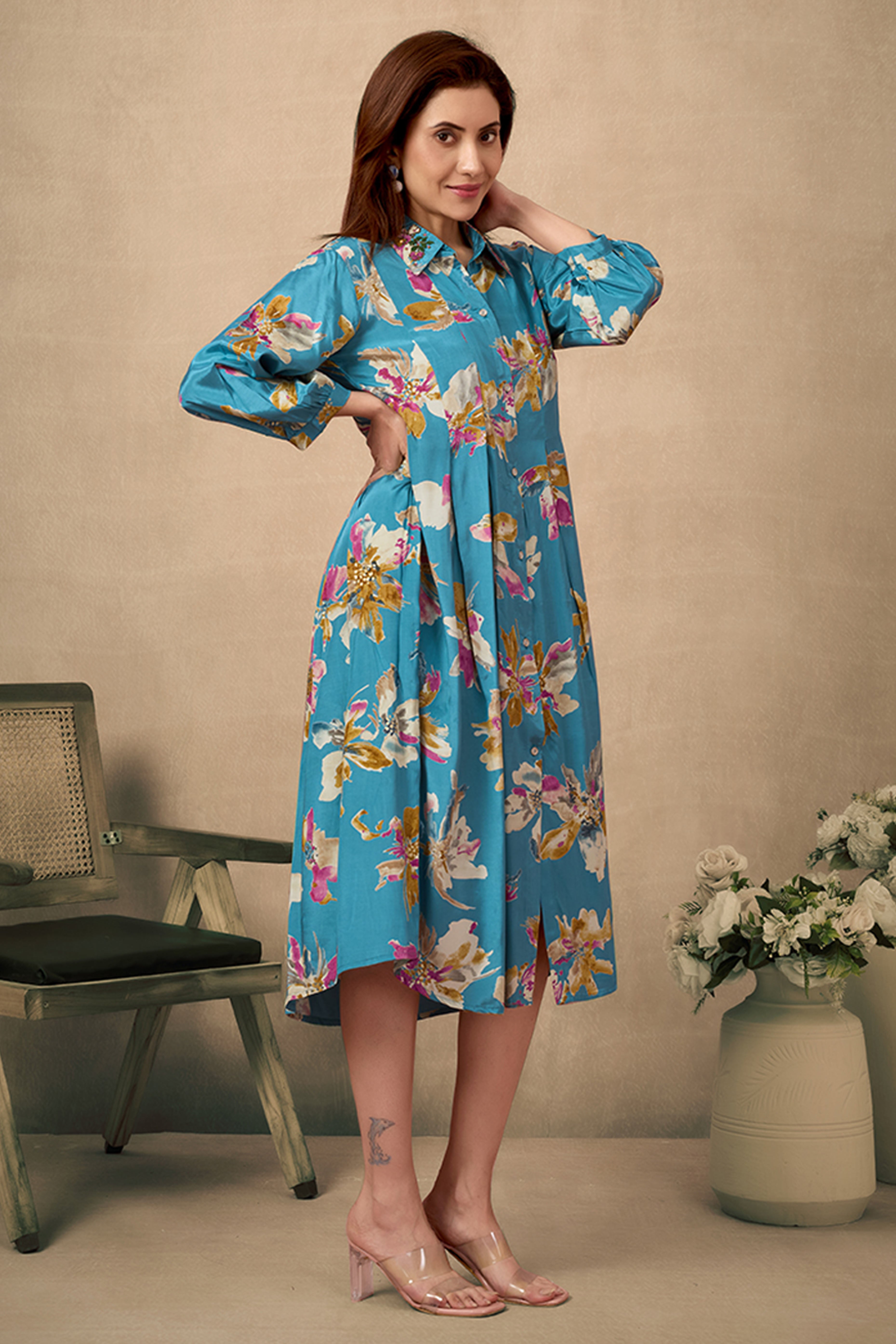 Turquoise Floral Printed Muslin Dress with a Flattering A-Line Silhouette