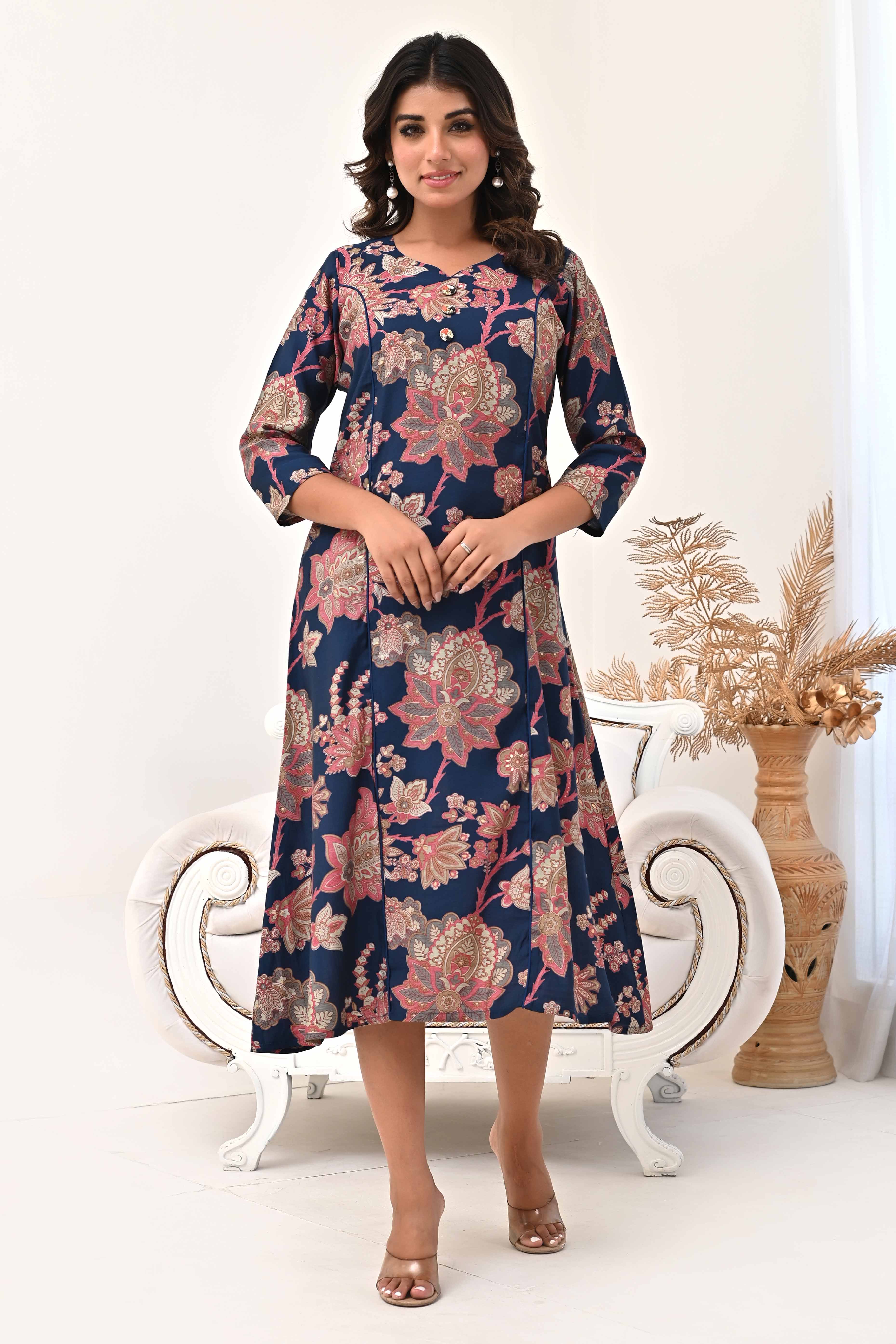 Navy Blue Chanderi Silk Kurti Dress with Artistic Floral Prints