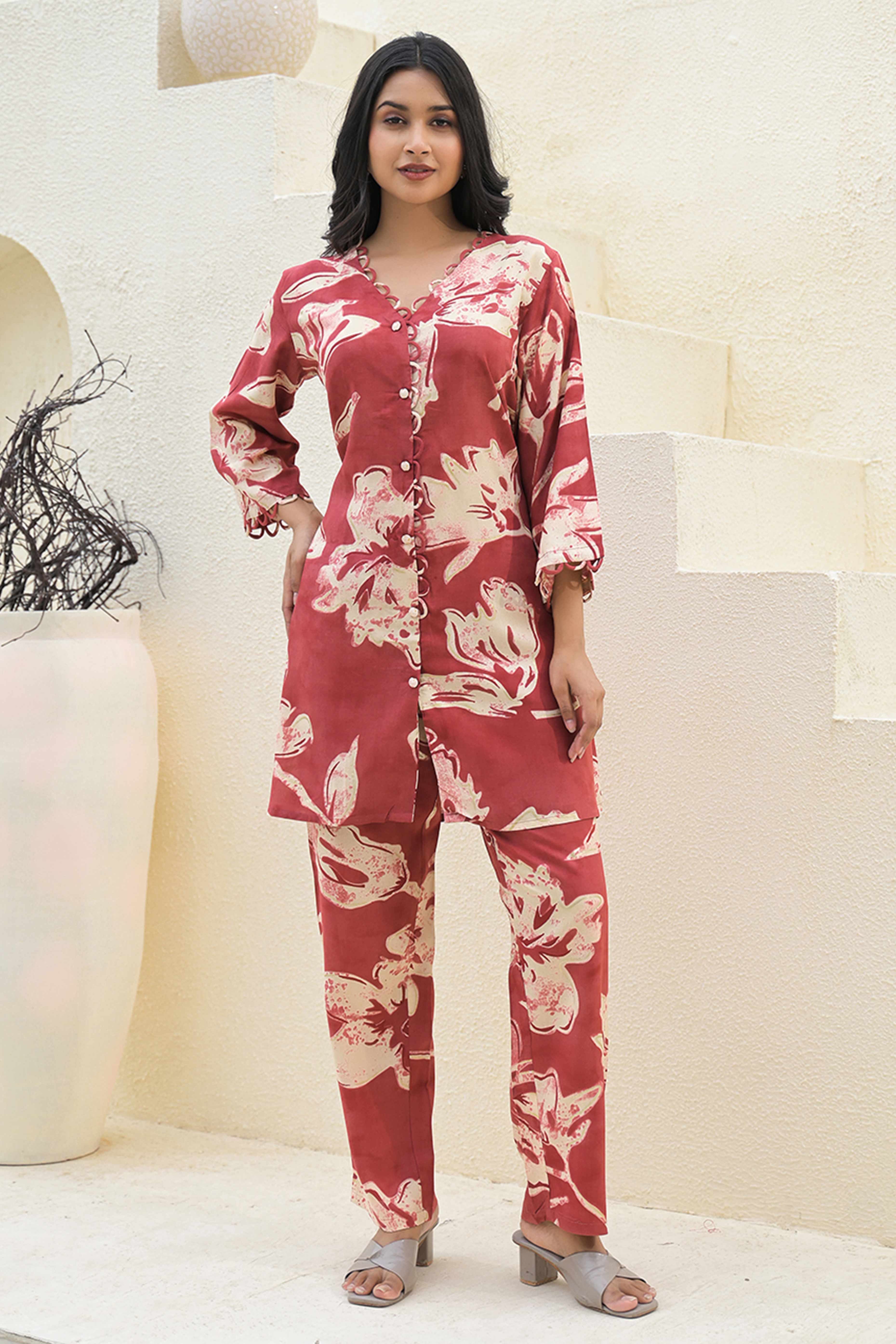 Cherry Red Rayon Co-Ord Set with Straight Cut and Feminine Floral Designs