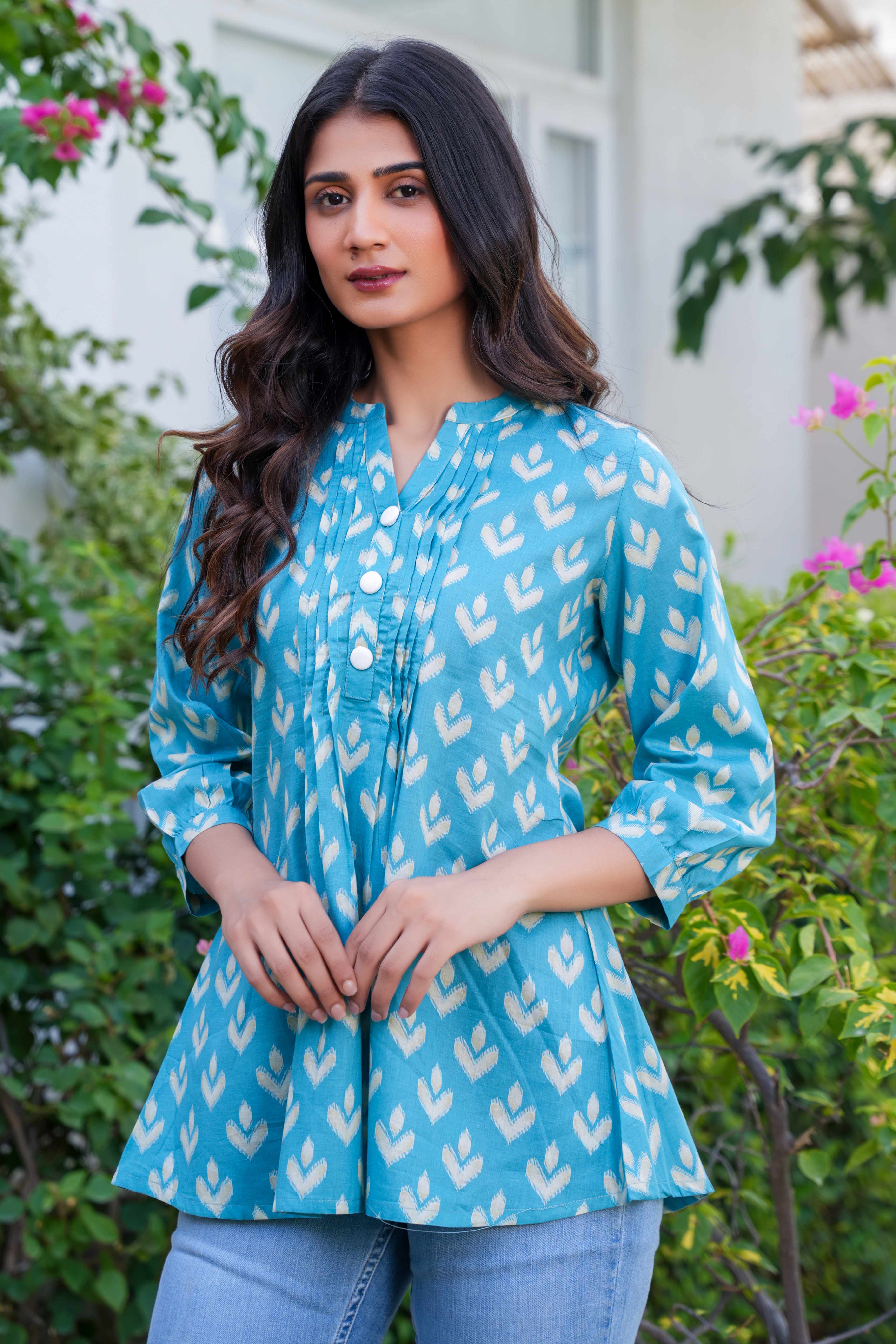 Sky Blue Ikkat Printed Pure Cotton A-Line Tunic for Everyday Wear