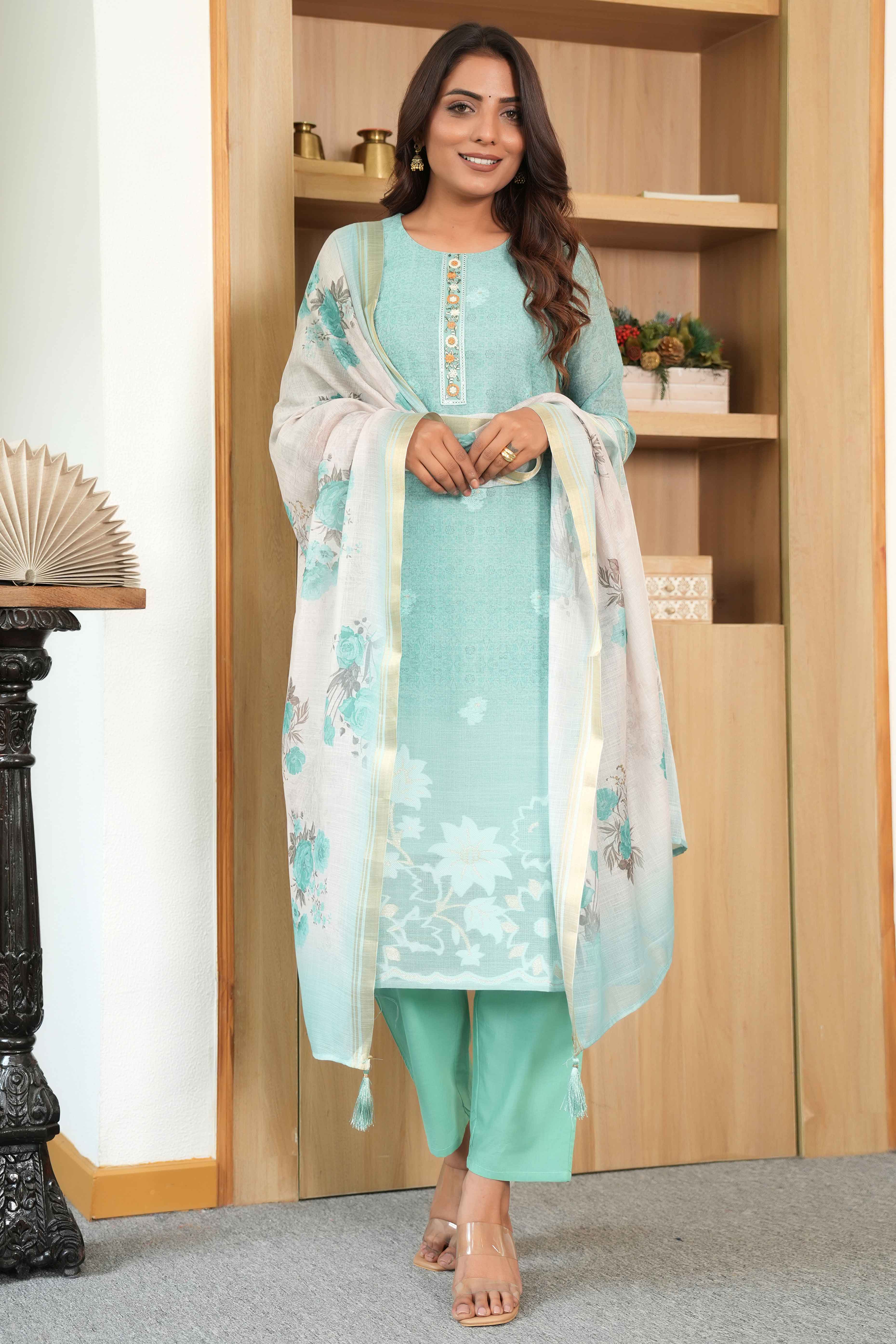 Light Green Printed Linen Jacquard Suit with Graceful Lace Work Detailing