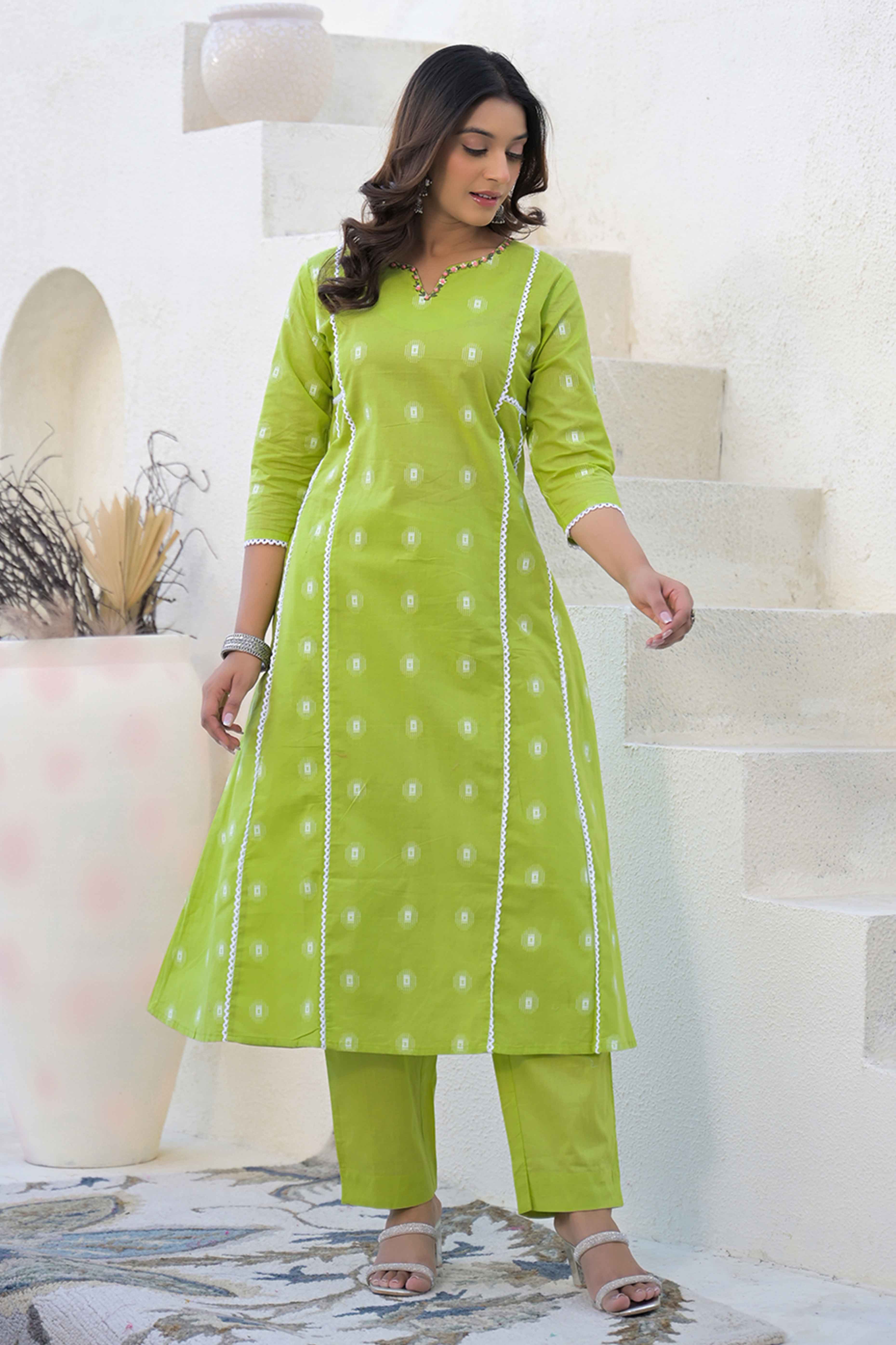 Parrot Green Floral Printed Cotton Top Bottom Set with Neck Detailing