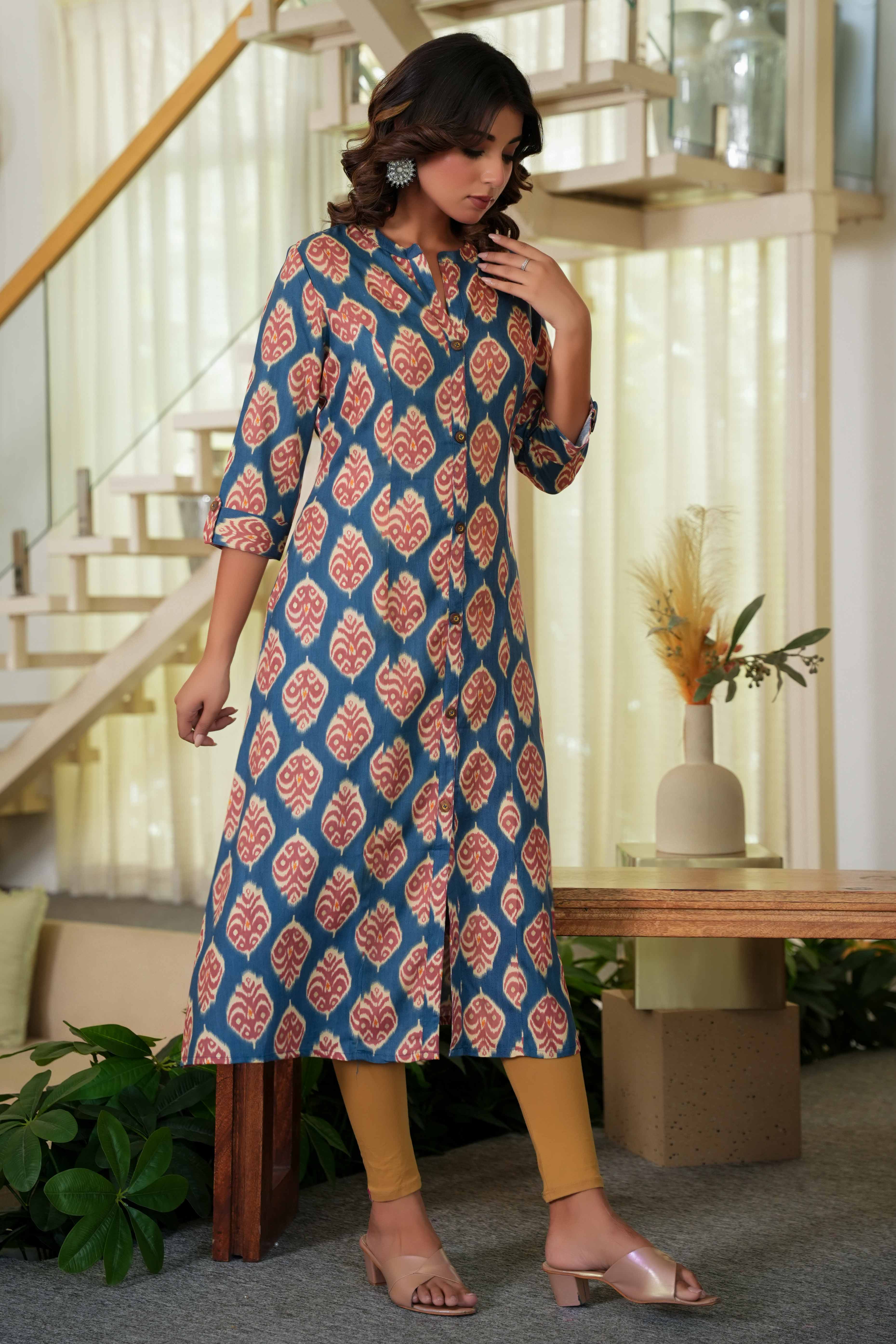 Teal Ikkat Patterned Straight Kurti in Soft Poly Rayon Fabric for All-Day Comfort