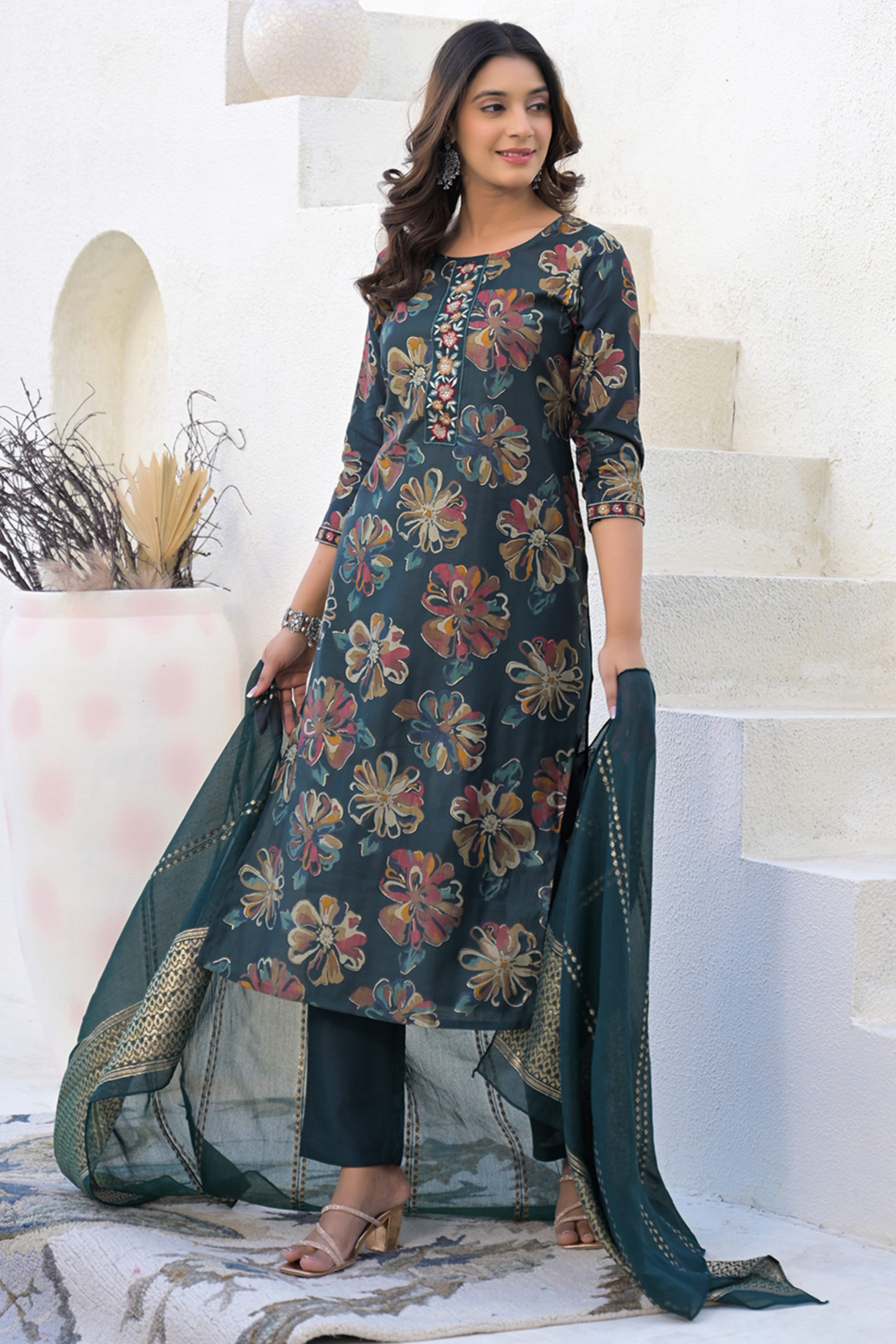 Stylish Bottle Green Viscose Straight Salwar Suit with Floral Pattern