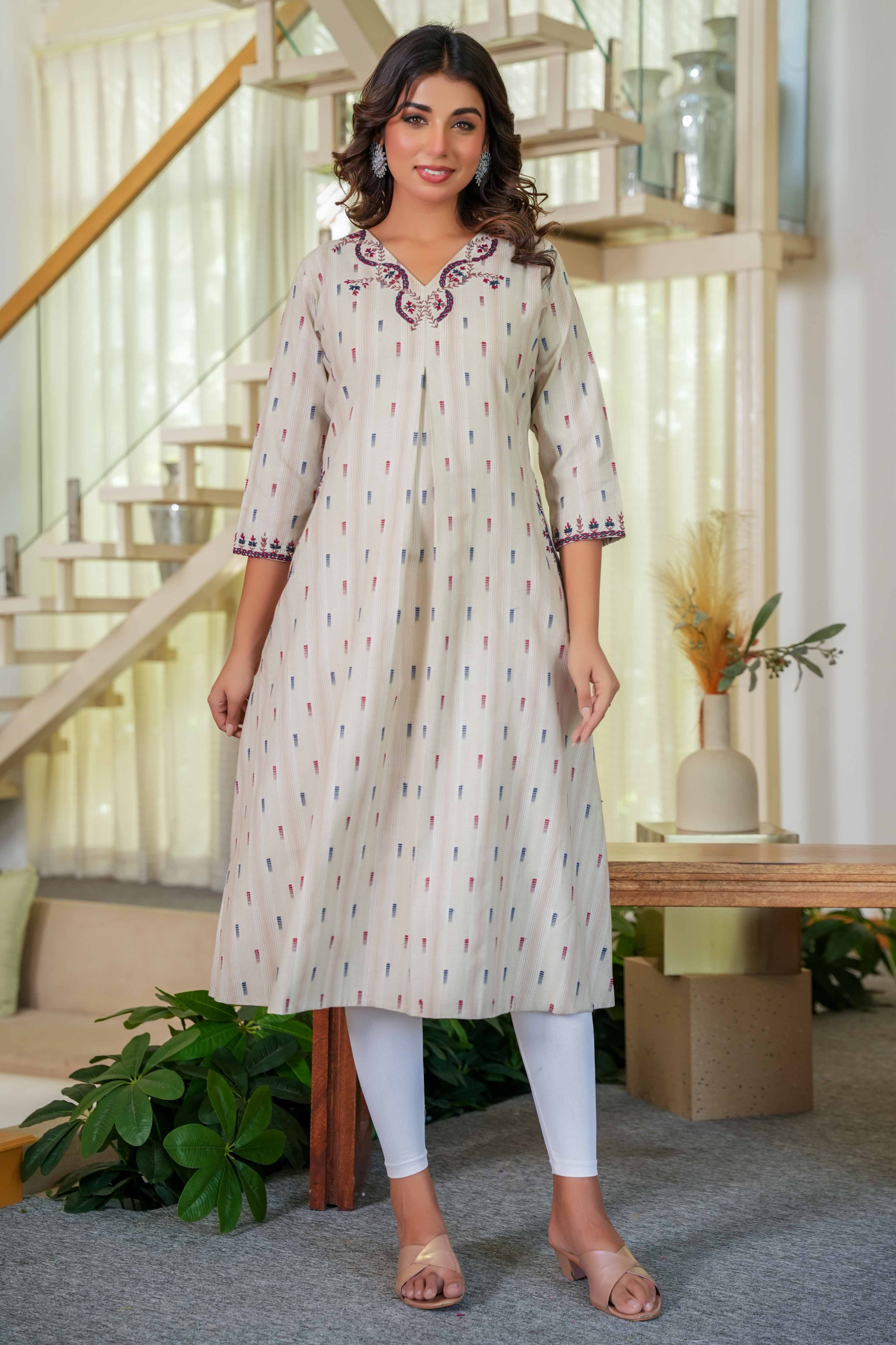 Chic Beige A-Line Pure Cotton Woven Kurti Highlighted with Embroidered Neckline