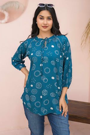 Trendy Blue Straight-Cut Rayon Top with All-Over Print