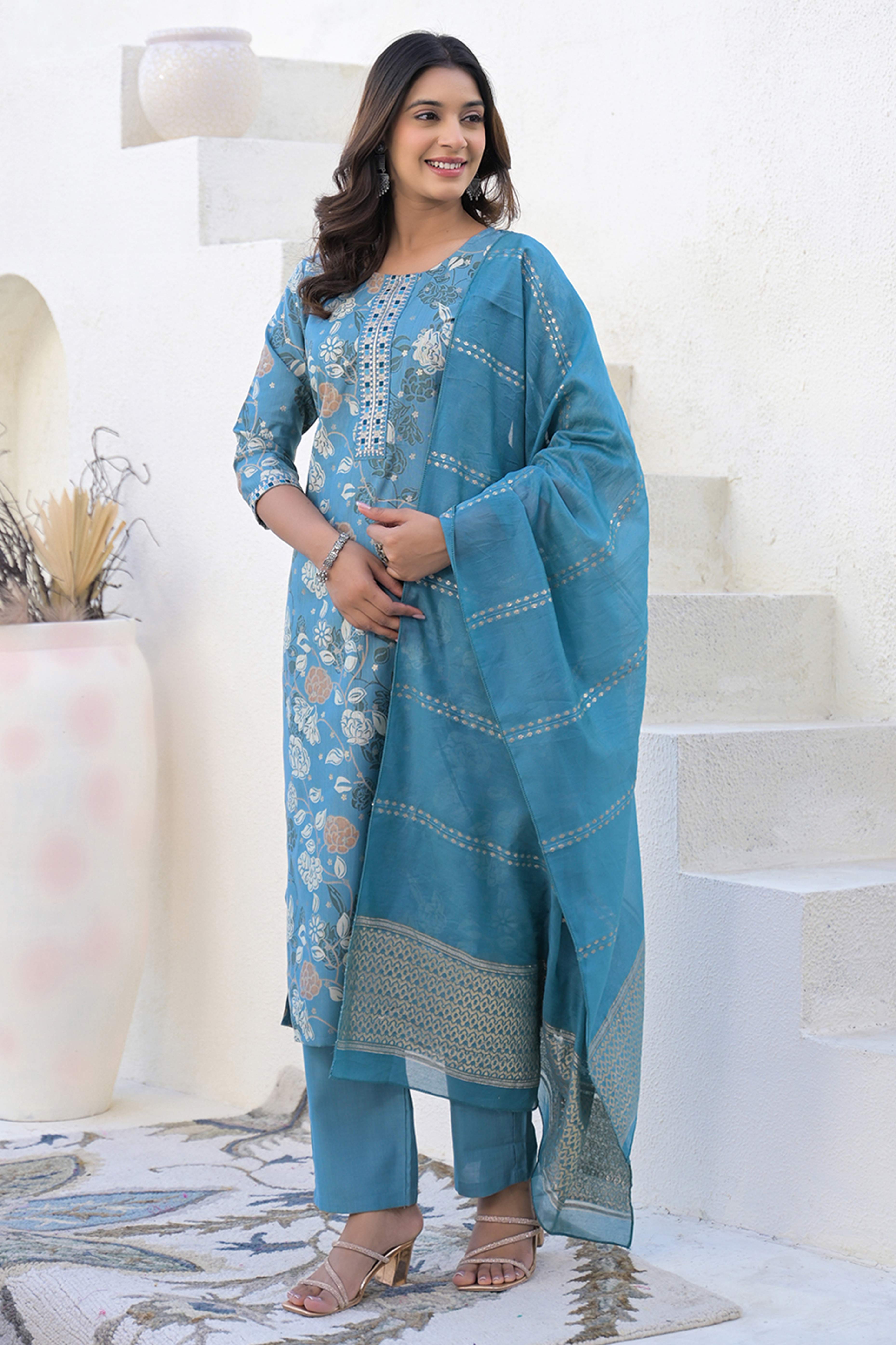 Blue Straight Viscose Salwar Suit With Delicate Floral Prints