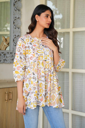 Pure Cotton A-Line Top in White & Mustard with Modern Abstract Prints