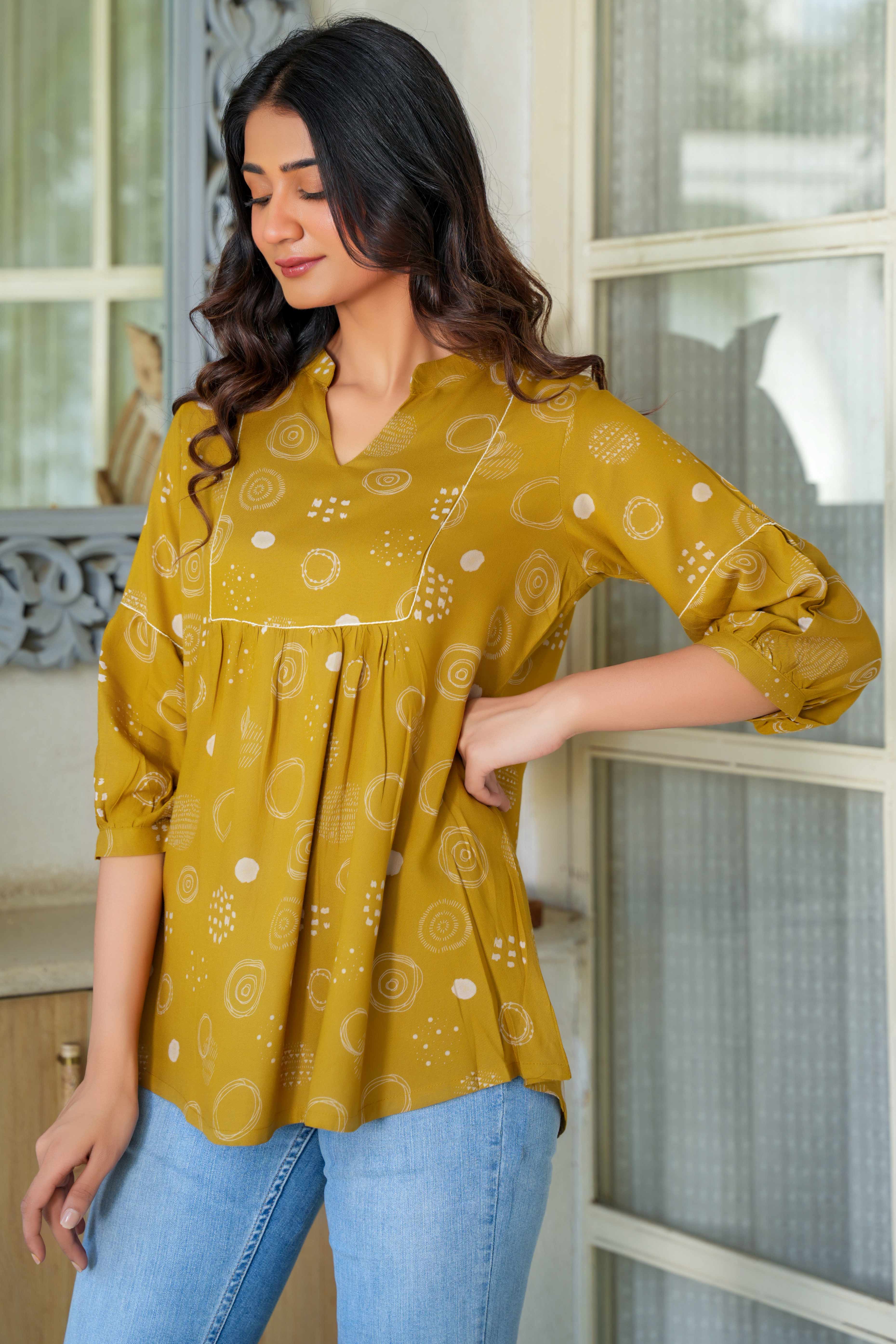 Casual Chic Rayon Mustard A-Line Top with Abstract Motif