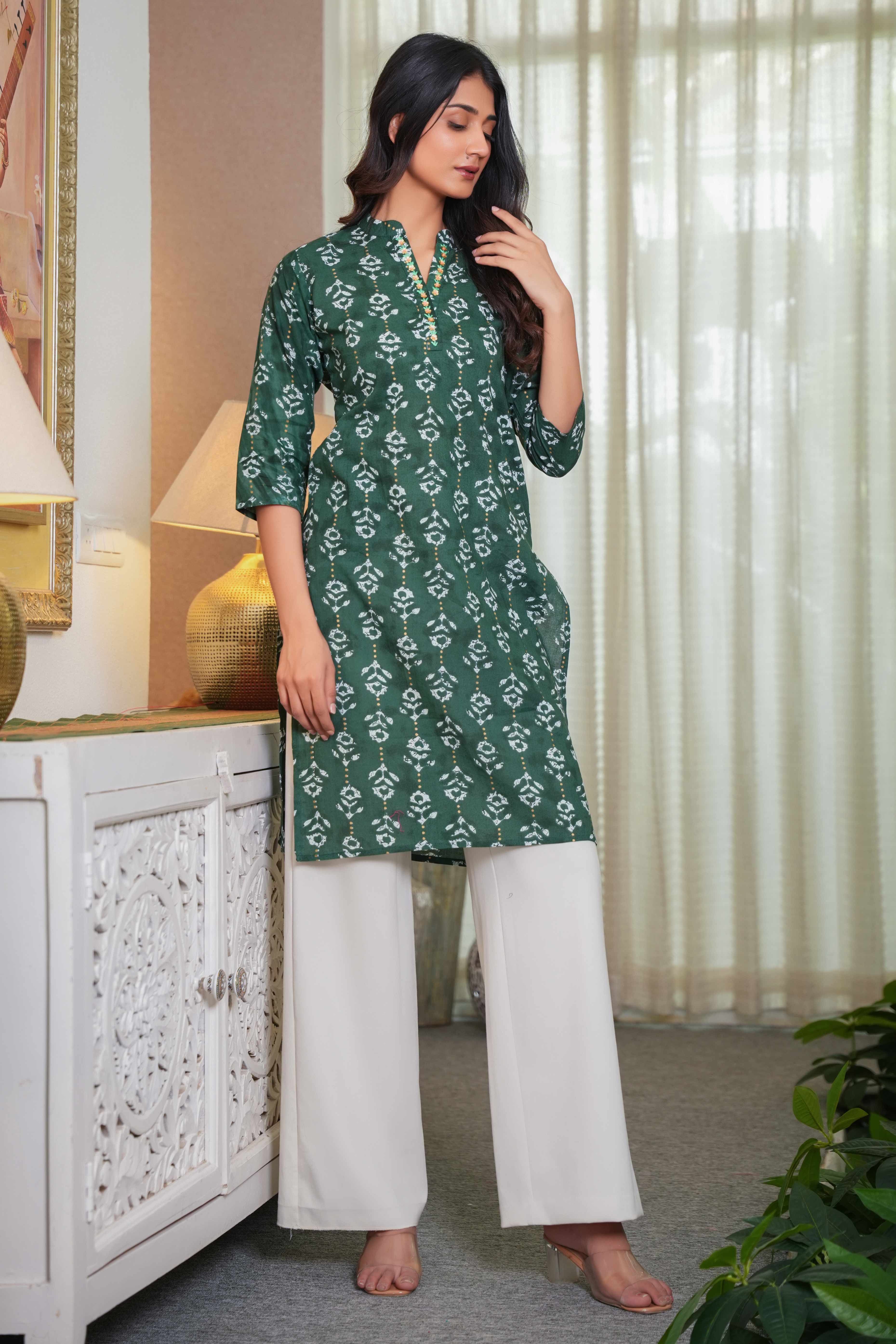 Dark Green Floral Block Printed Pure Cotton Straight Kurti for Elegant Comfort