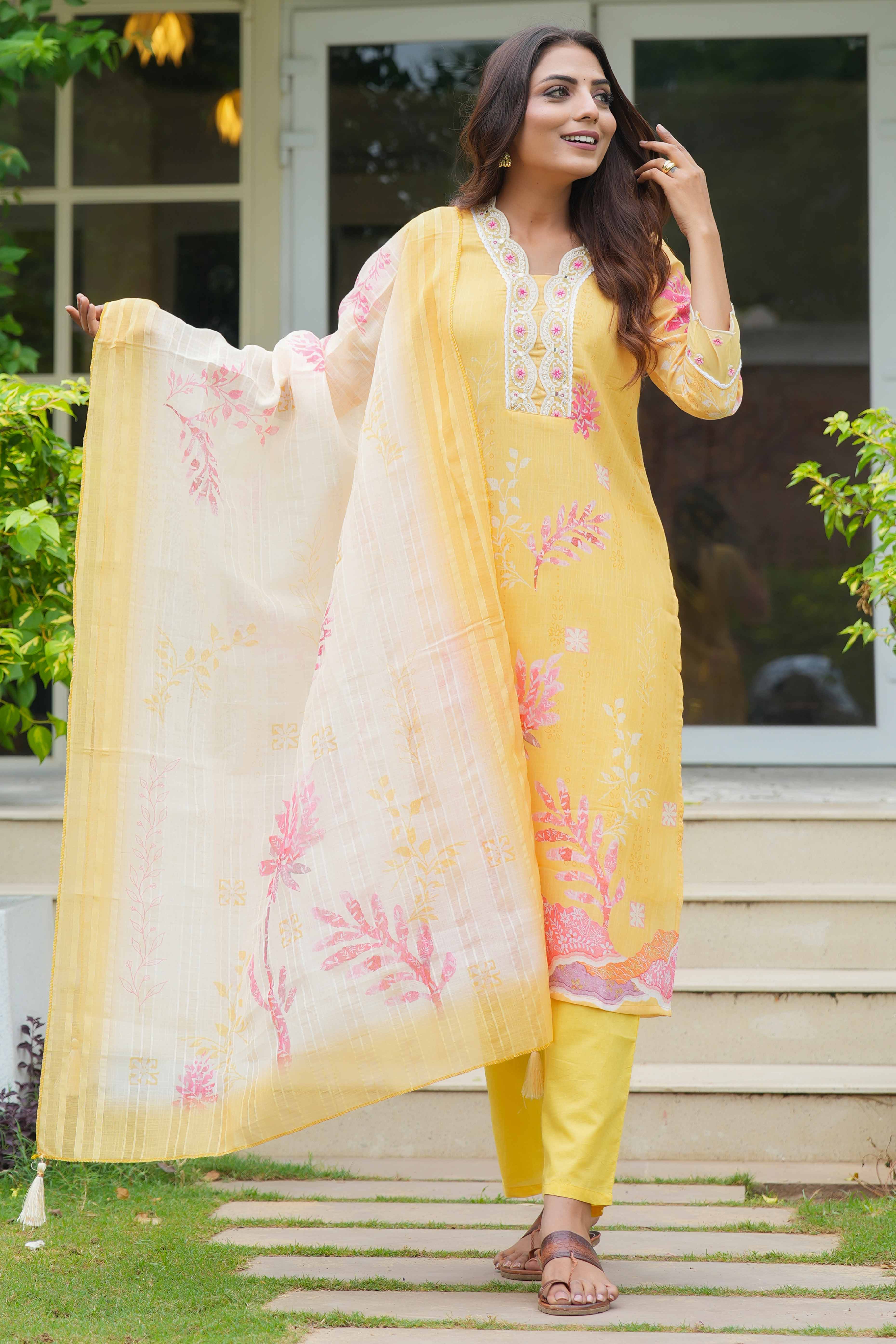 Yellow Floral With Lace Work One Neck Linen Salwar Suit