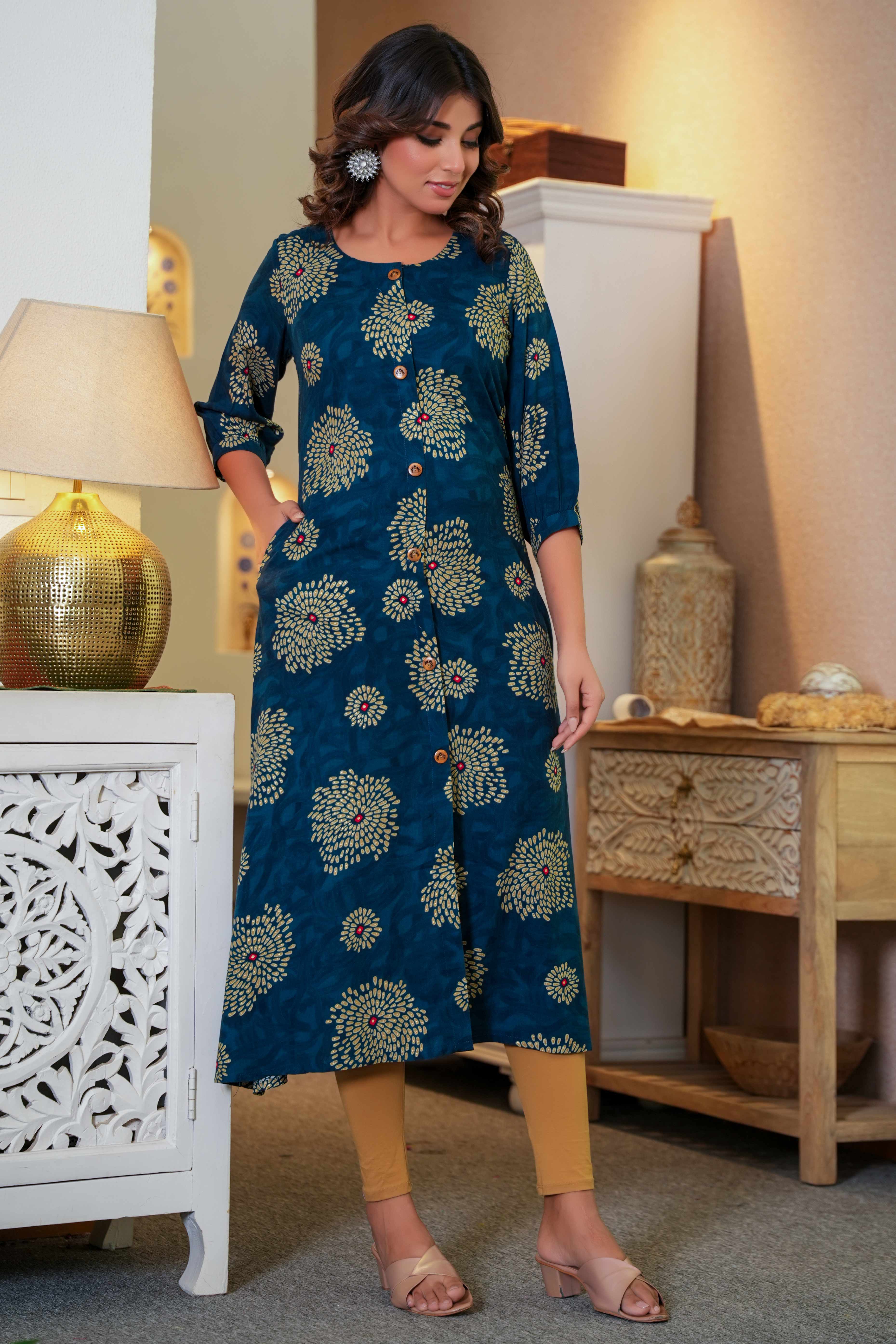Comfort Fit Viscose A-Line Kurti in Dark Blue with Feminine Floral Print