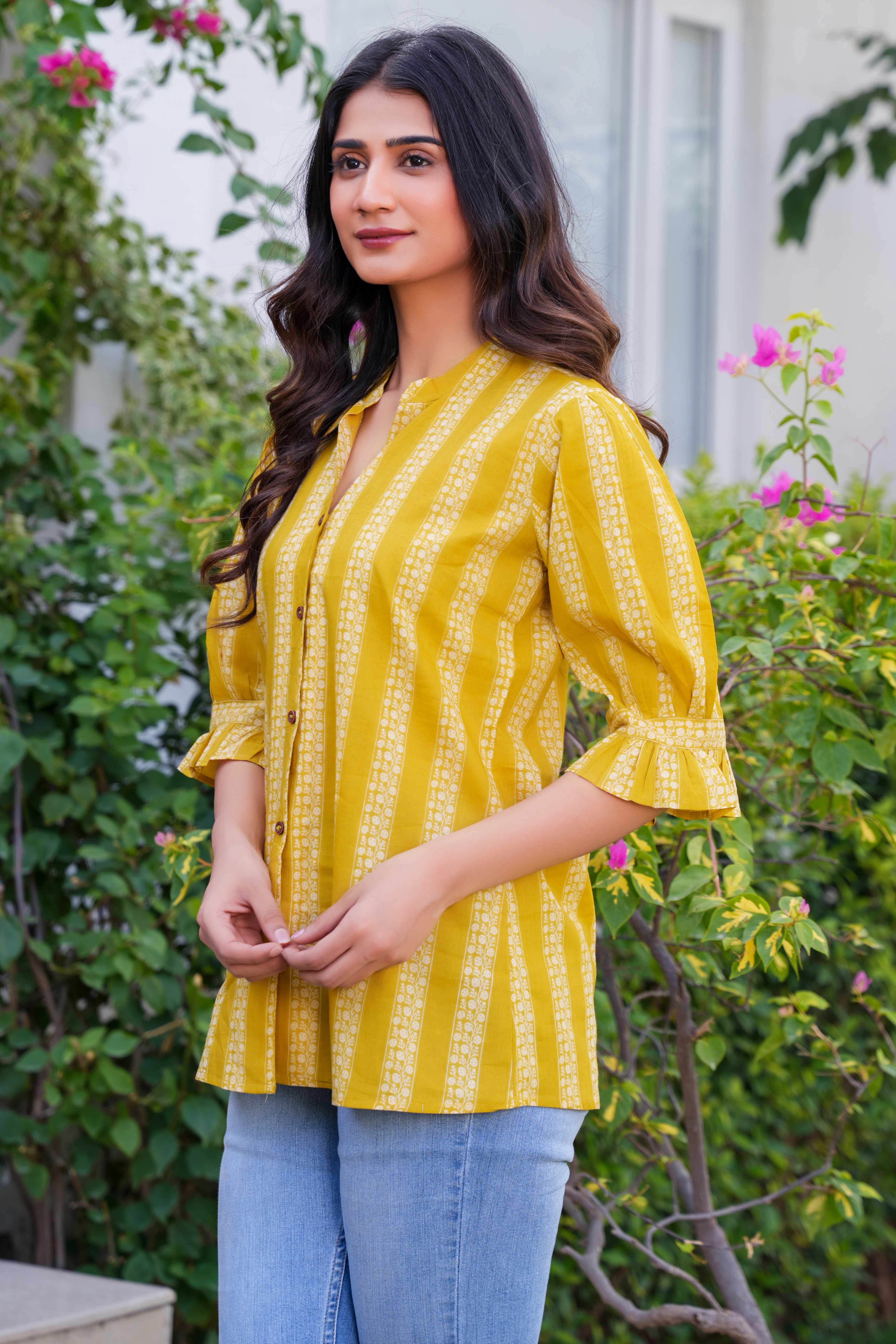 Everyday Comfort Olive Shirt Top with Elegant Floral-Striped Print in Pure Cotton