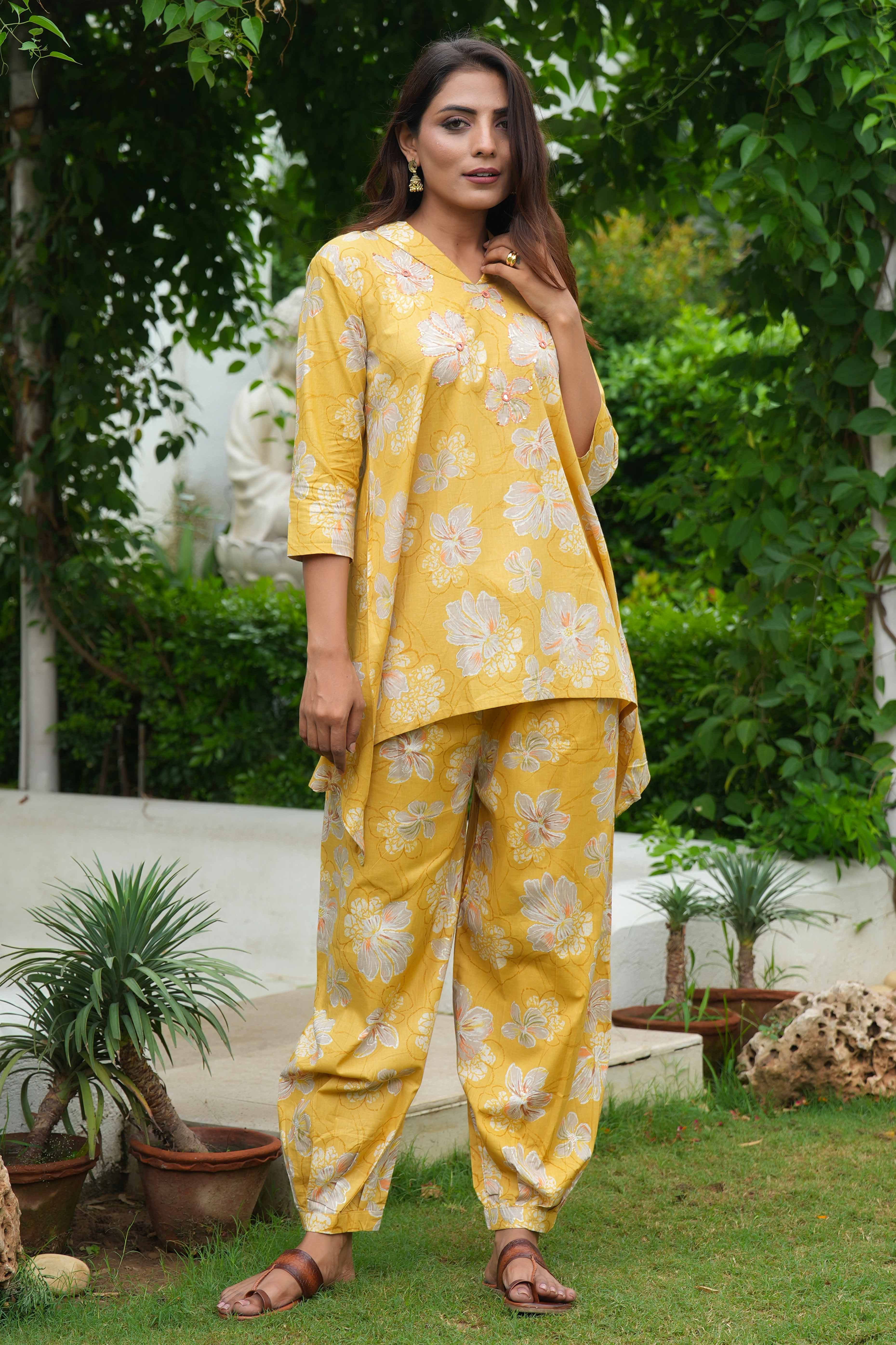 Yellow Co-Ord Set in Pure Cotton with Floral Print & Hand Embroidery
