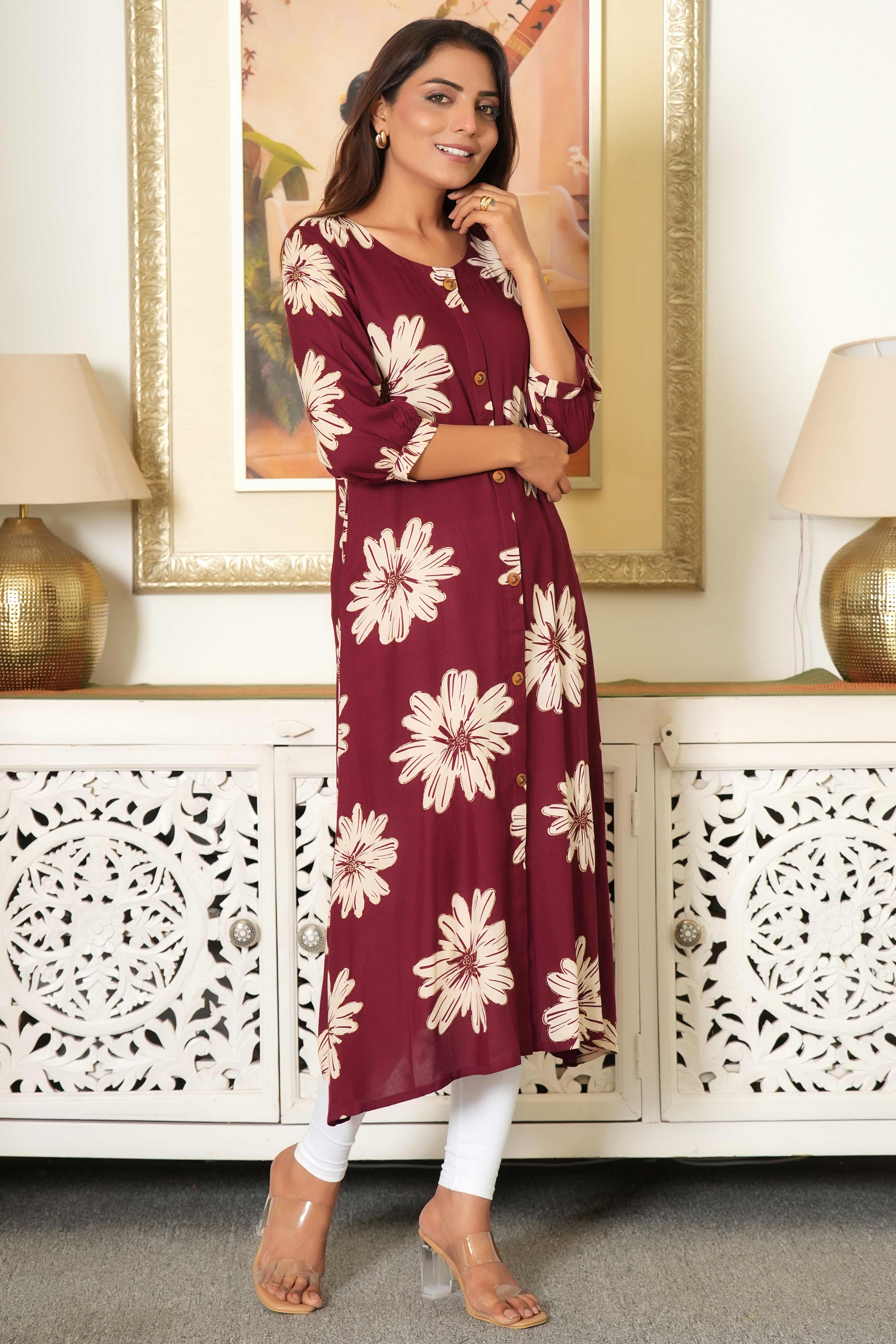 Maroon Printed Rayon Kurti in Flattering A-Line Fit