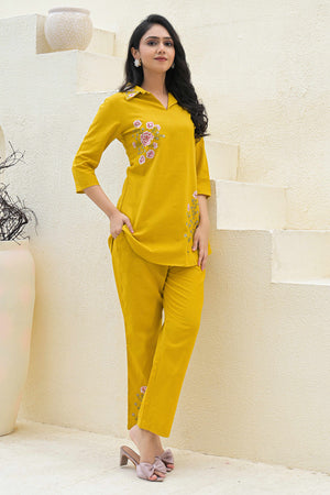 Chic Mustard Pure Cotton Co-Ord Set with Collar Neck and Delicate Floral Embroidery