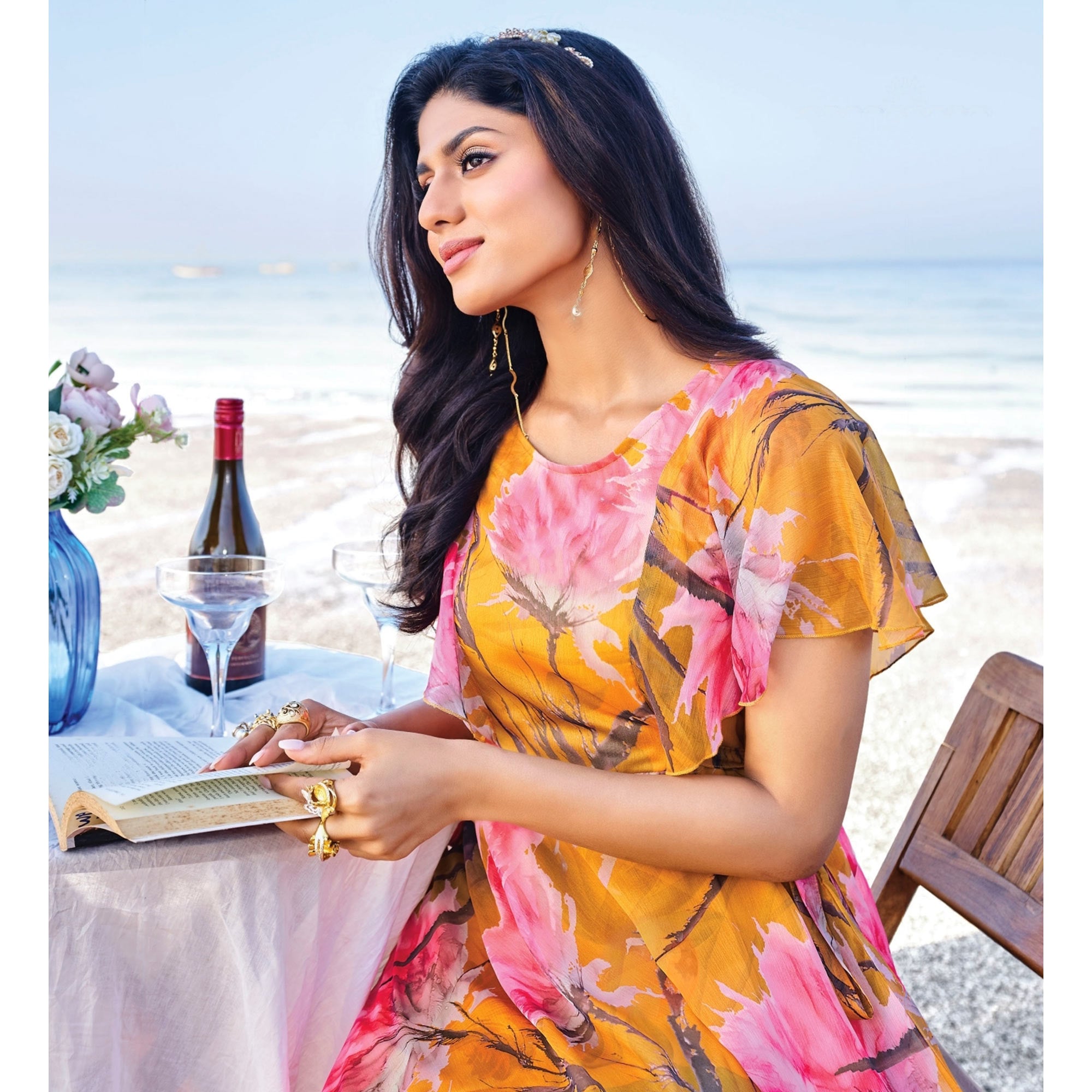 Mustard Digital Floral Printed Chiffon Maxi Dress