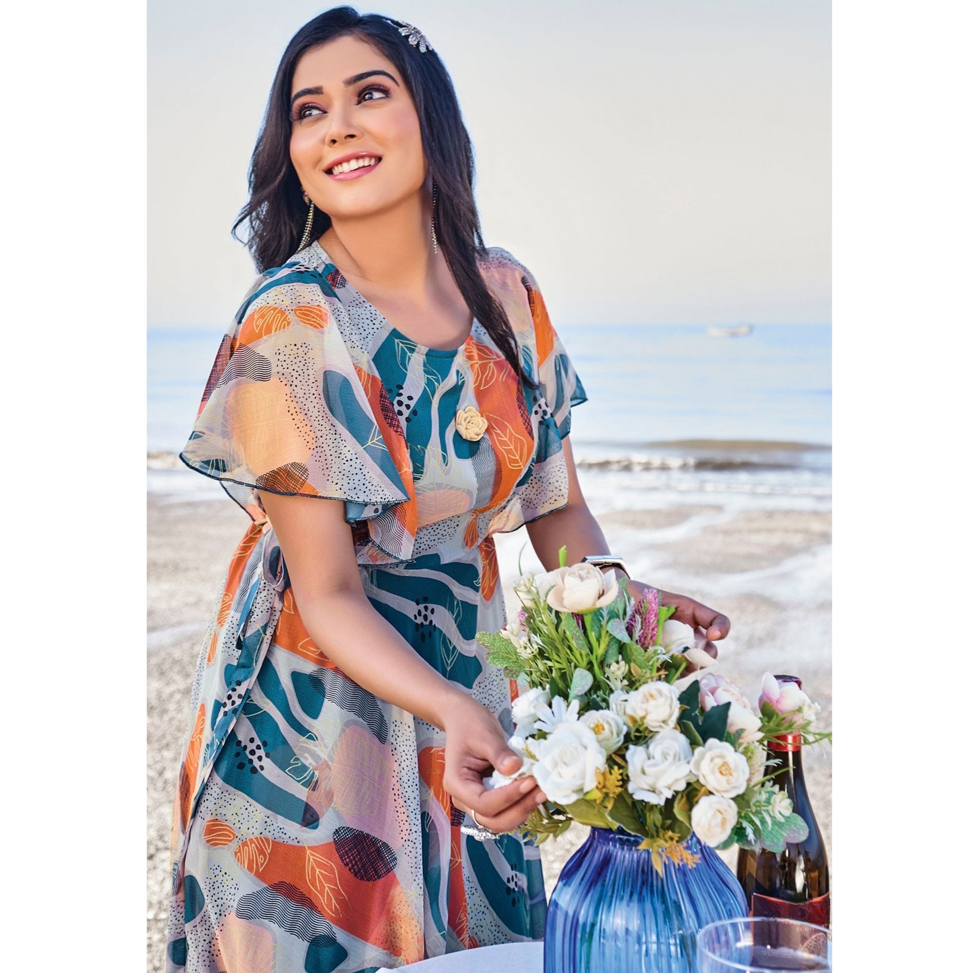 Multicolor Digital Floral Printed Chiffon Maxi Dress