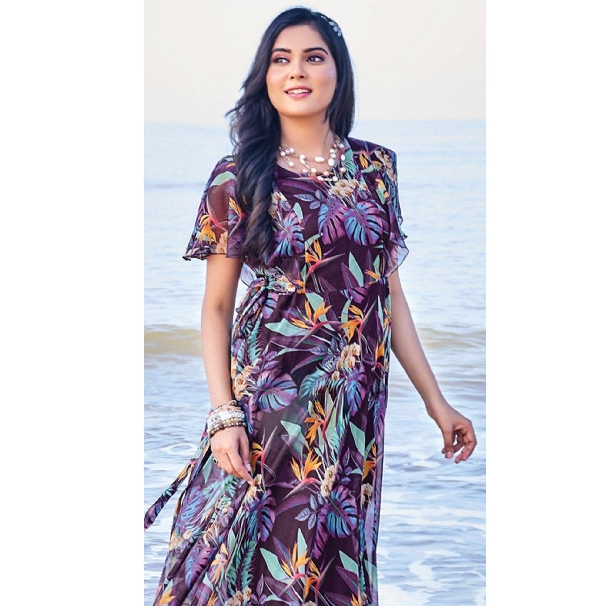 Wine Digital Floral Printed Chiffon Maxi Dress