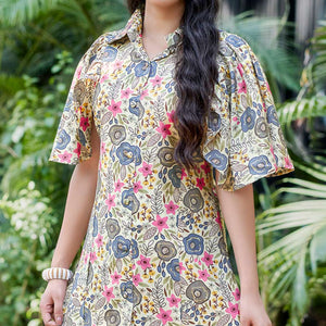 Off White & Grey Floral Foil Printed Chanderi Silk Co Ord Set