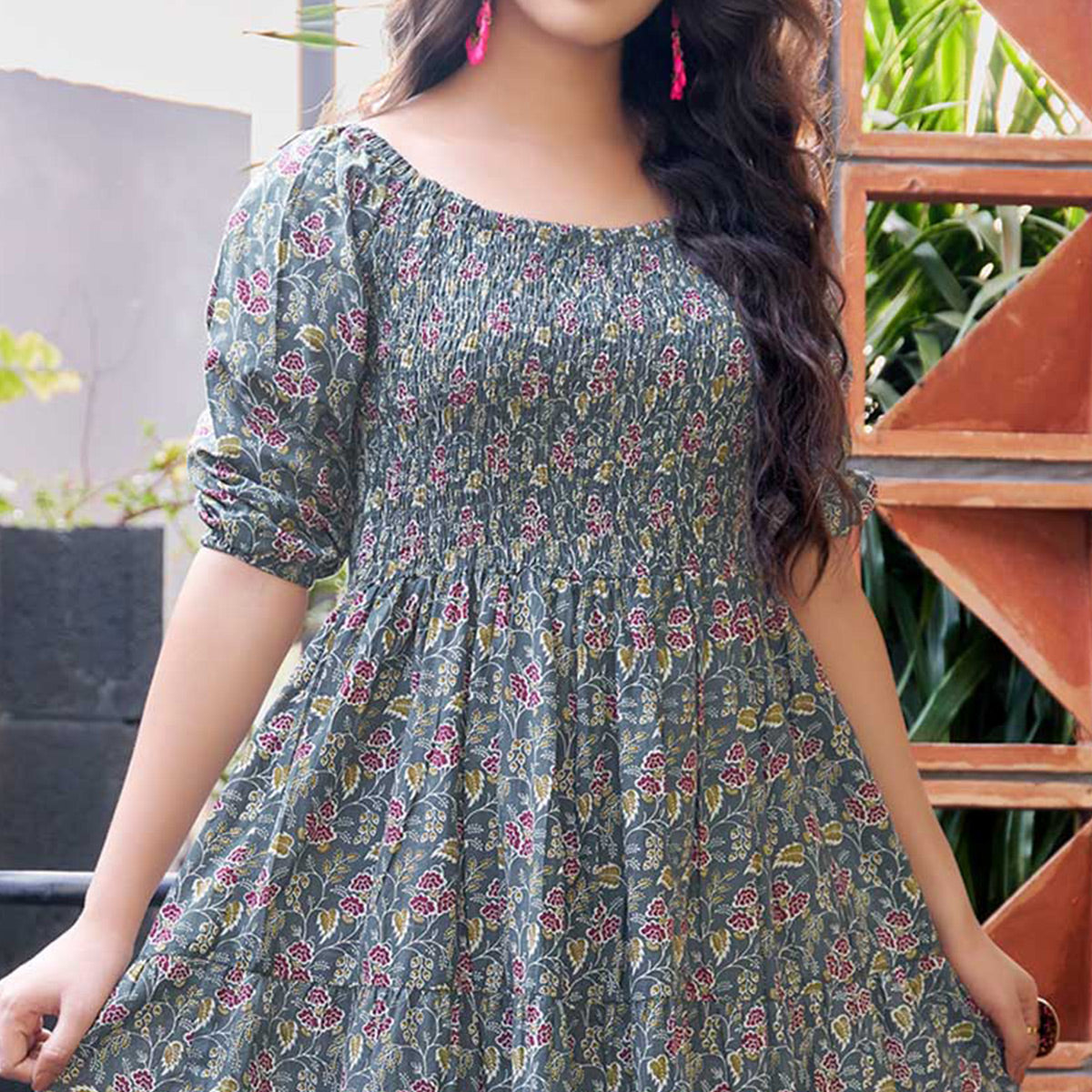 Grey Floral Printed Pure Cotton Dress