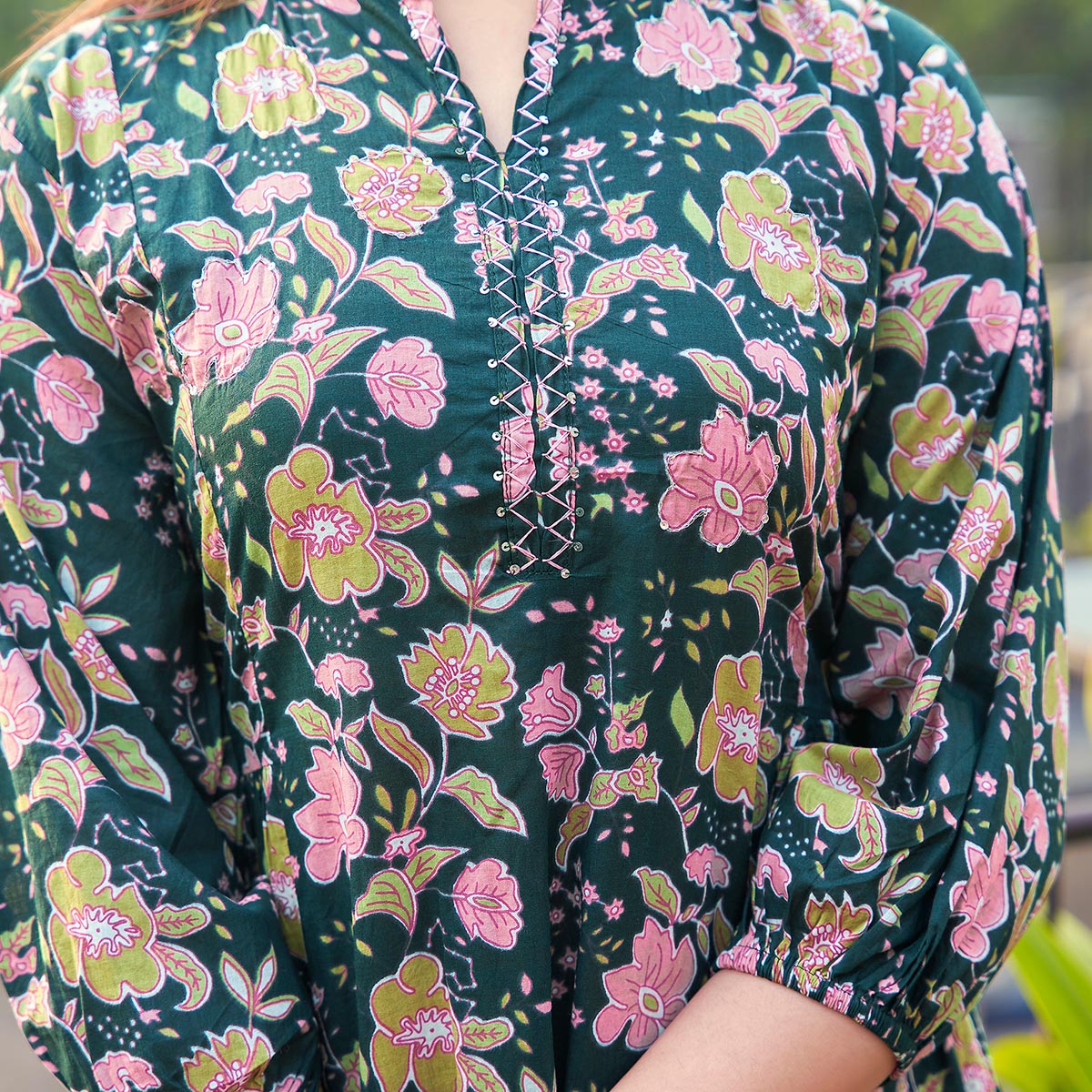 Dark Bottle Green Floral Printed Pure Cotton Dress