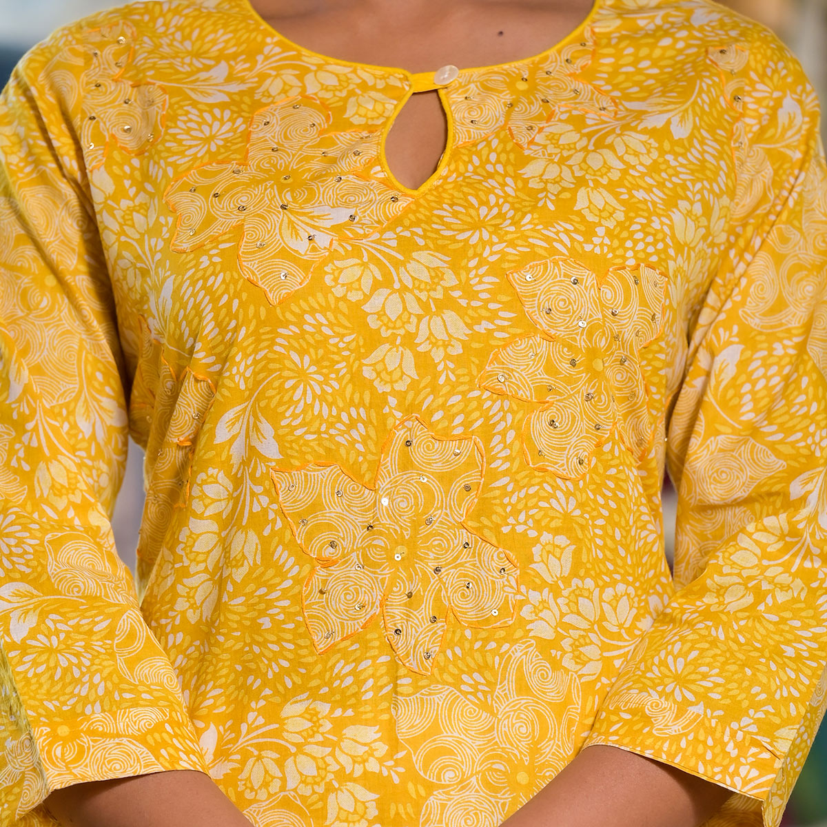 Yellow Floral Printed Pure Cotton Straight Kurti