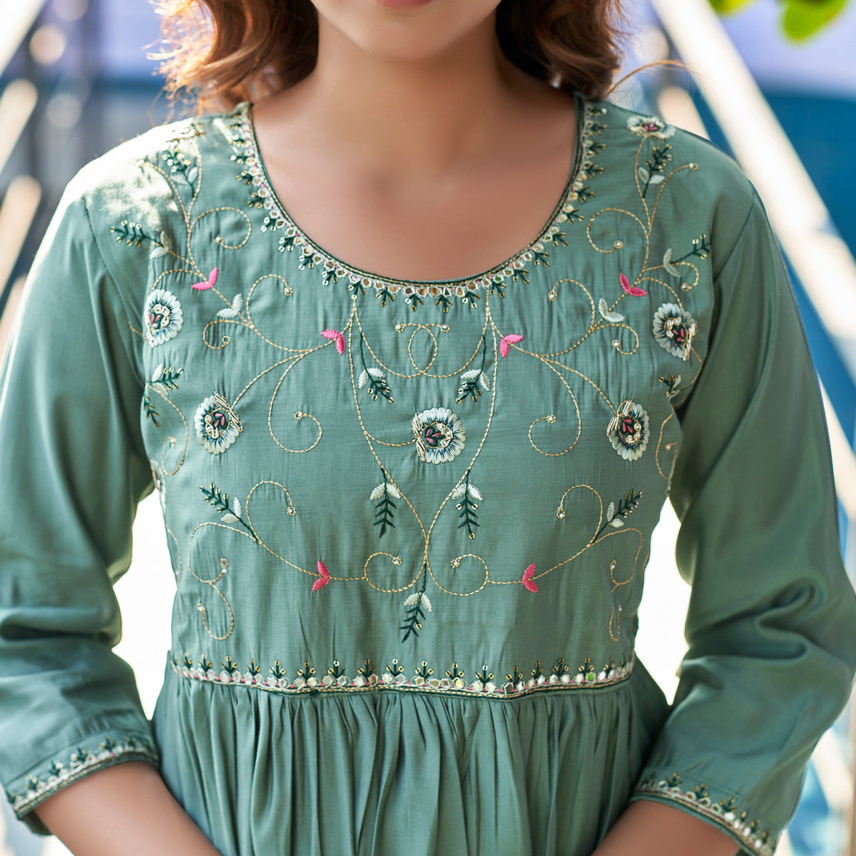 Green Floral Embroidered Pure Silk Suit