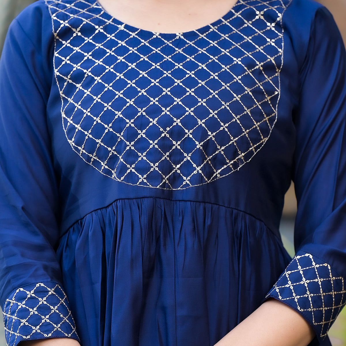 Blue Embroidered Pure Silk Naira Cut Salwar Suit