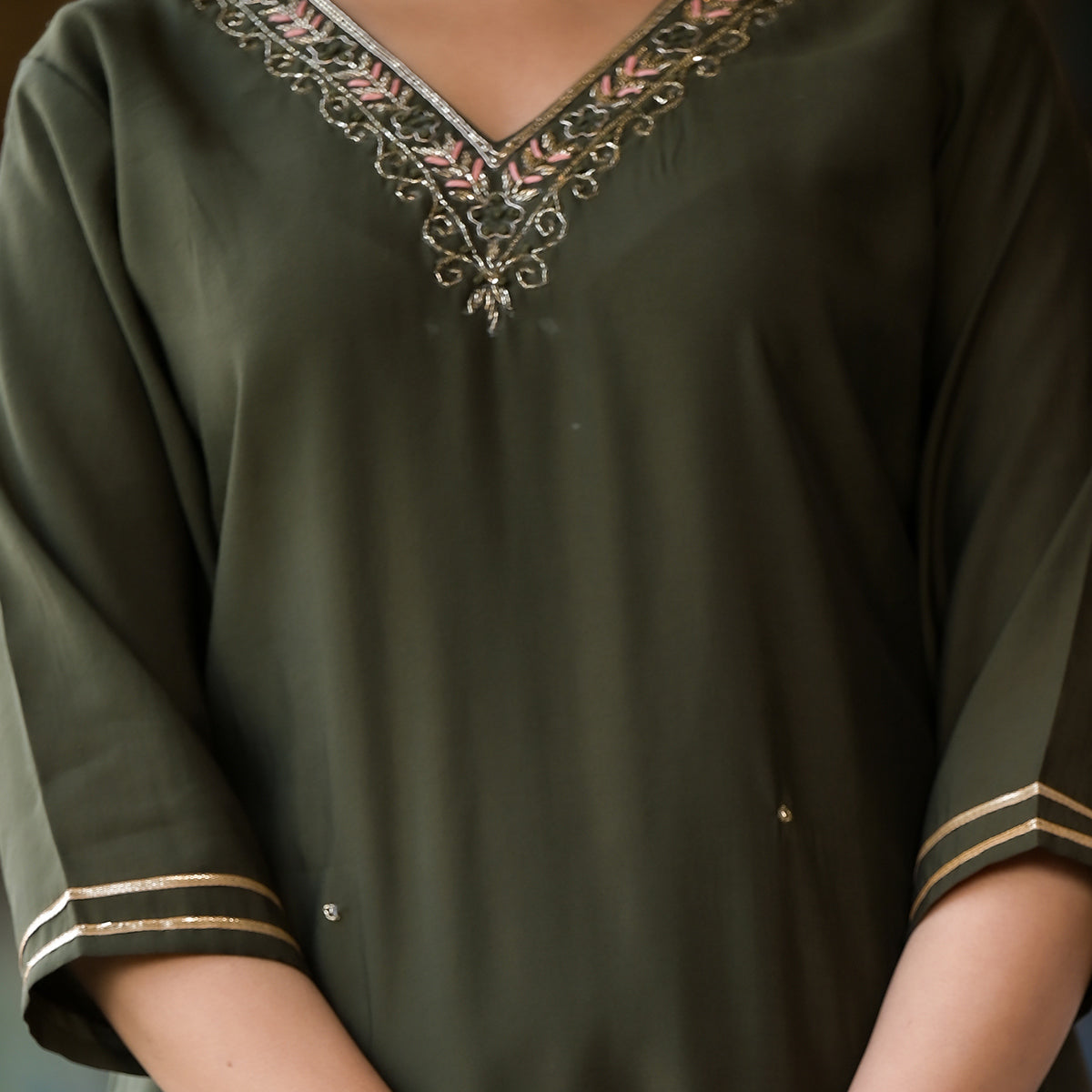 Olive Green Embroidered Pure Silk Salwar Suit With Handcrafted