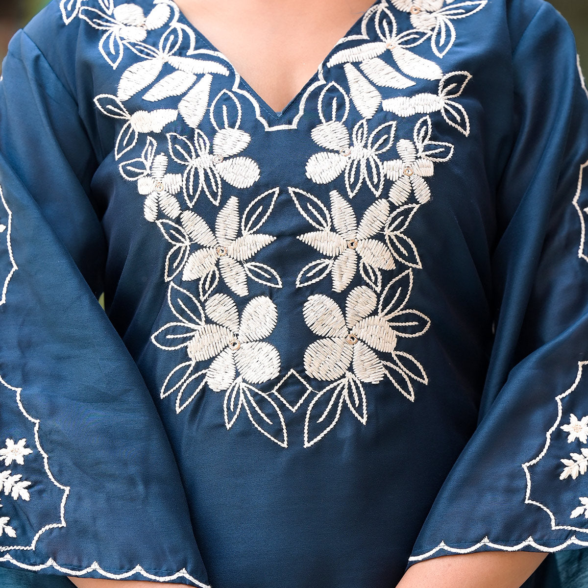 Blue Floral Embroidered Chanderi Silk Kurti Sets