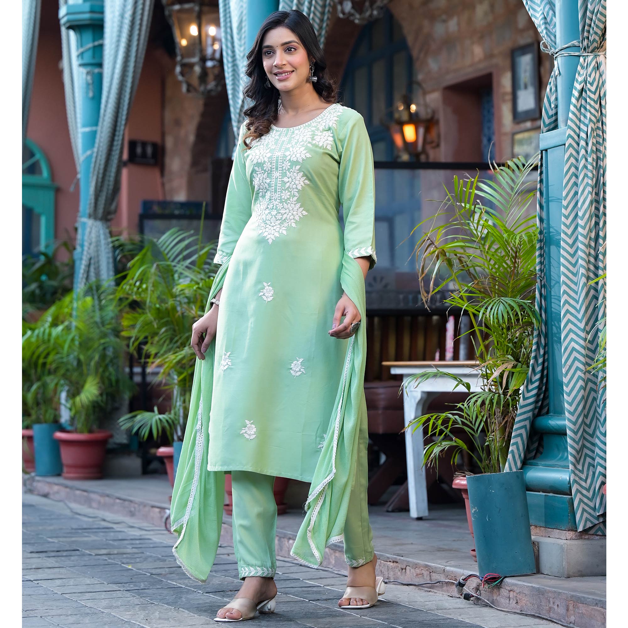 Pista Green Lucknowi Embroidered Rayon Salwar Suit