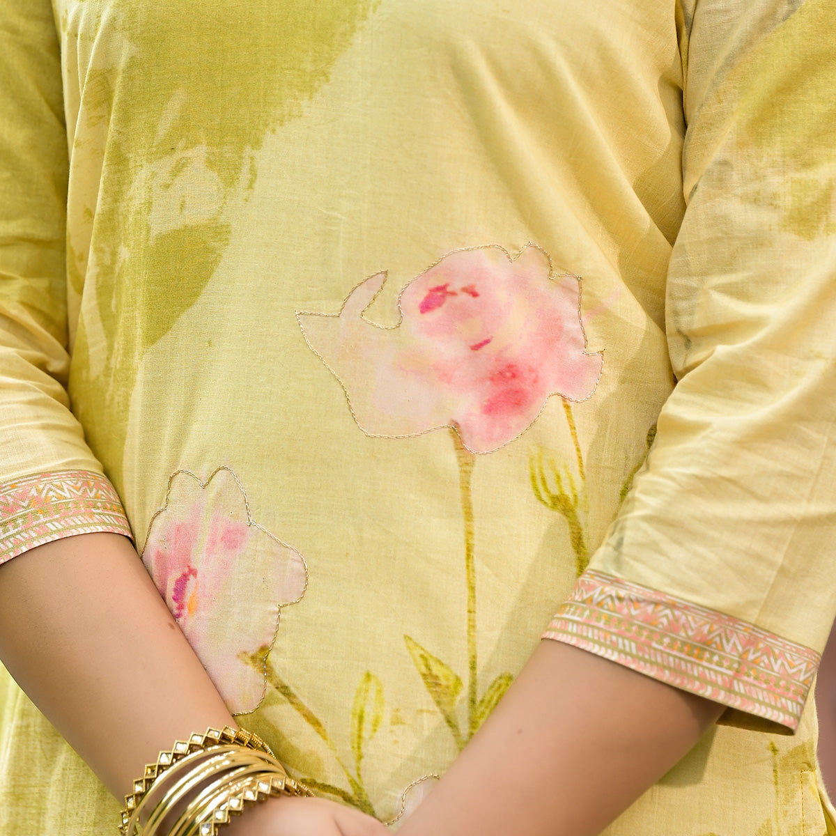 Olive Floral Embroidered With Printed Cambric Cotton Salwar Suit
