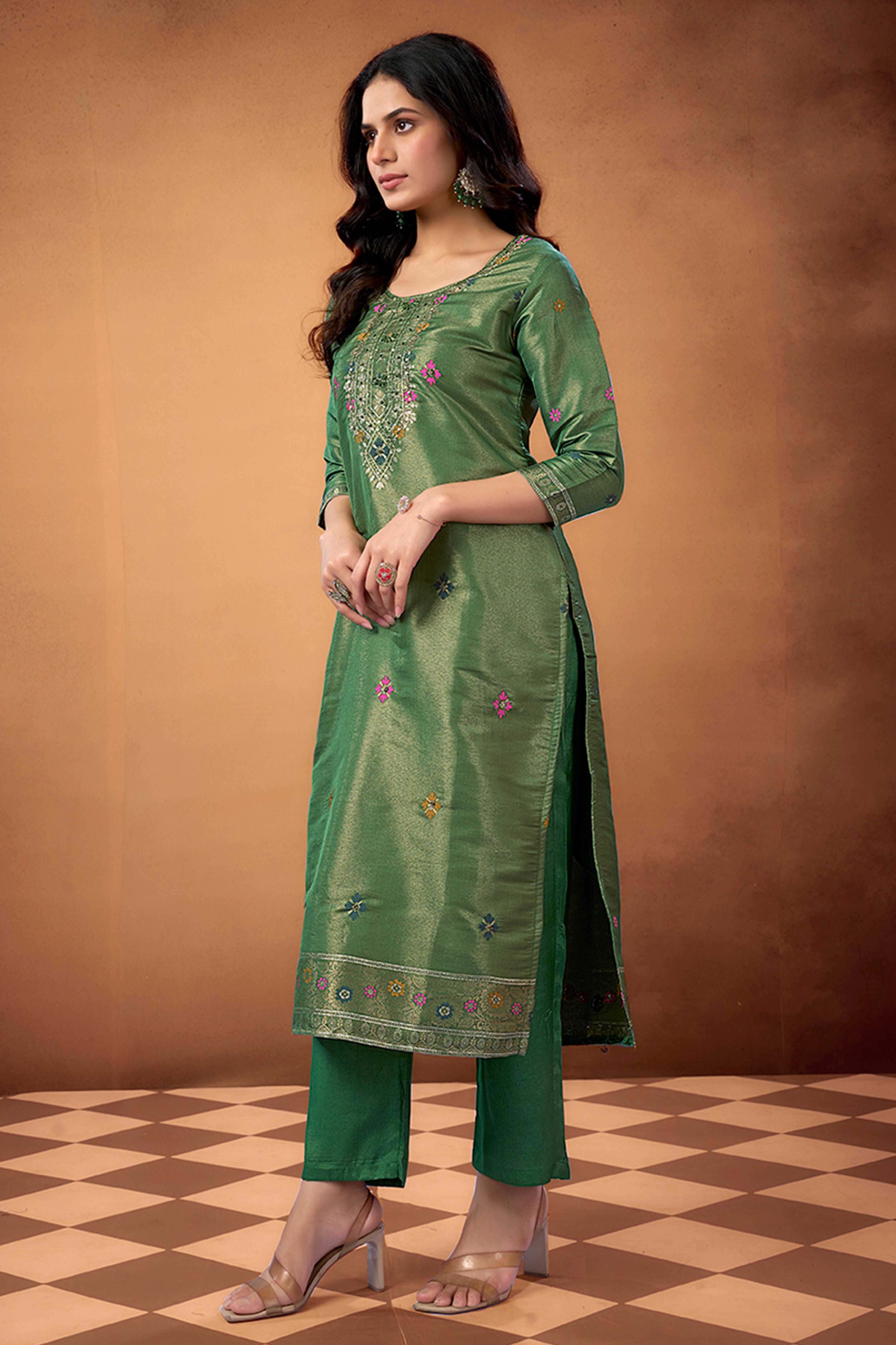 Mehandi Green Floral Handwork Woven Shimmer Straight Salwar Suit