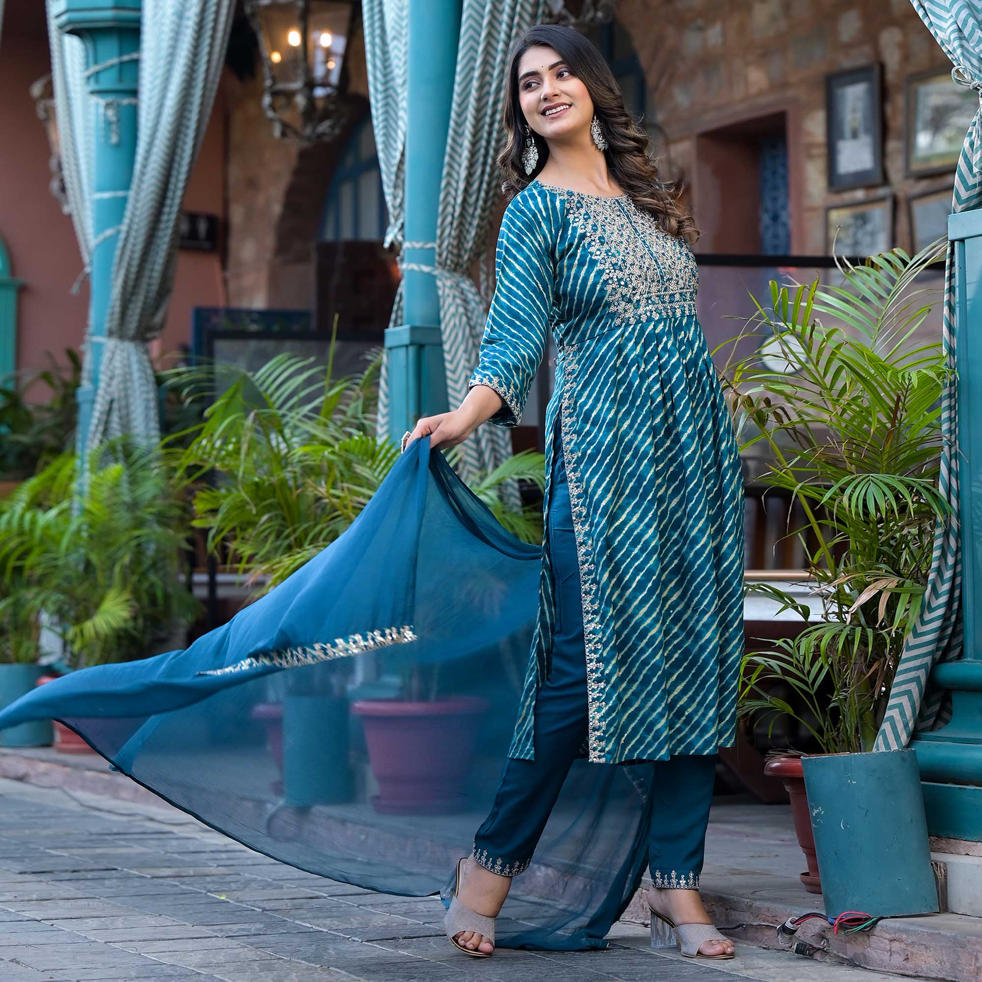 Blue Leheriya Printed Naira Cut Rayon Salwar Suit