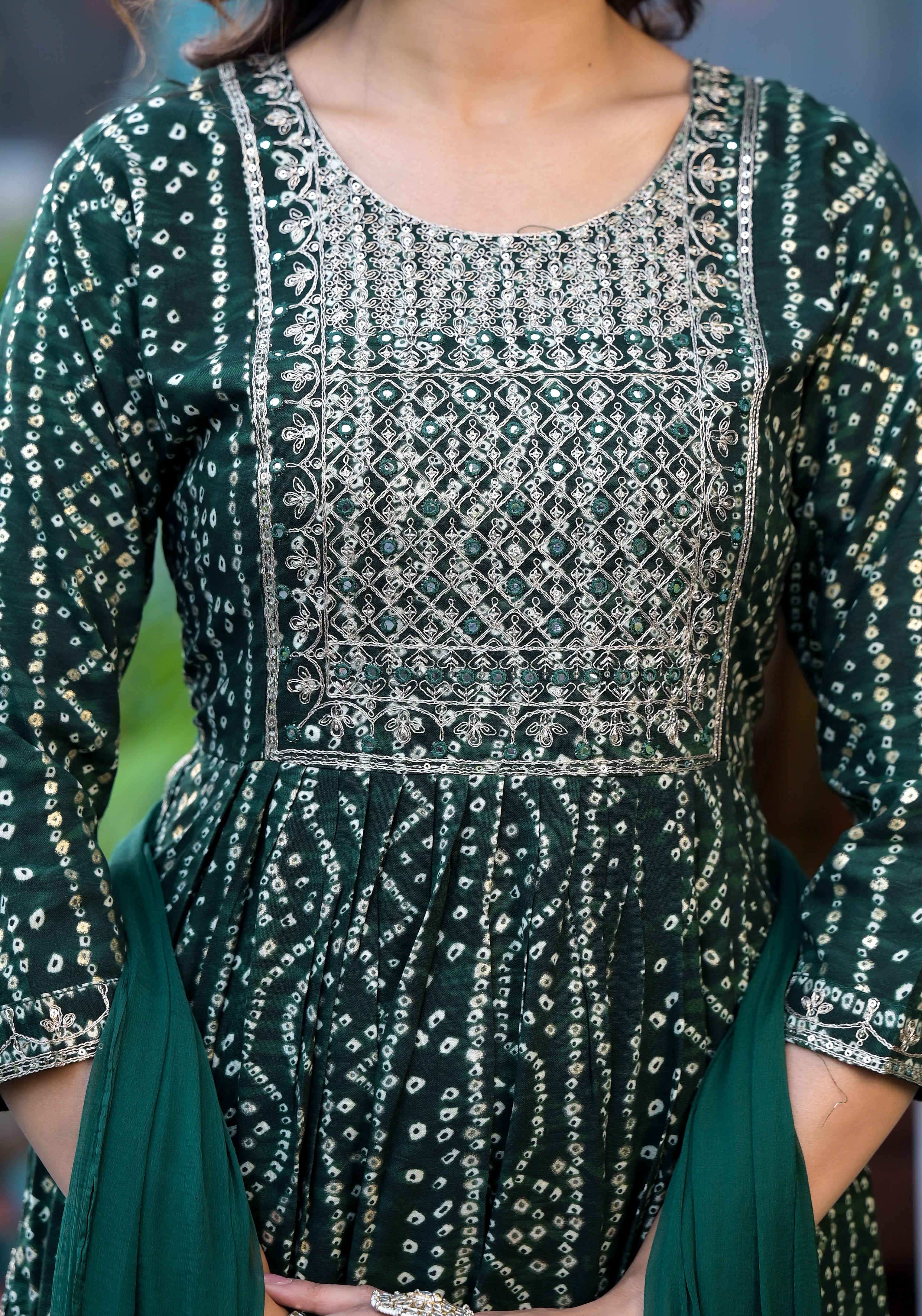 Green Bandhani Printed Naira Cut Rayon Salwar Suit