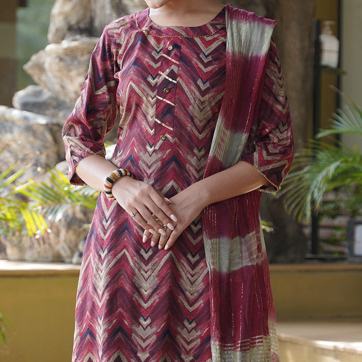 Red Foil Printed Rayon Suit