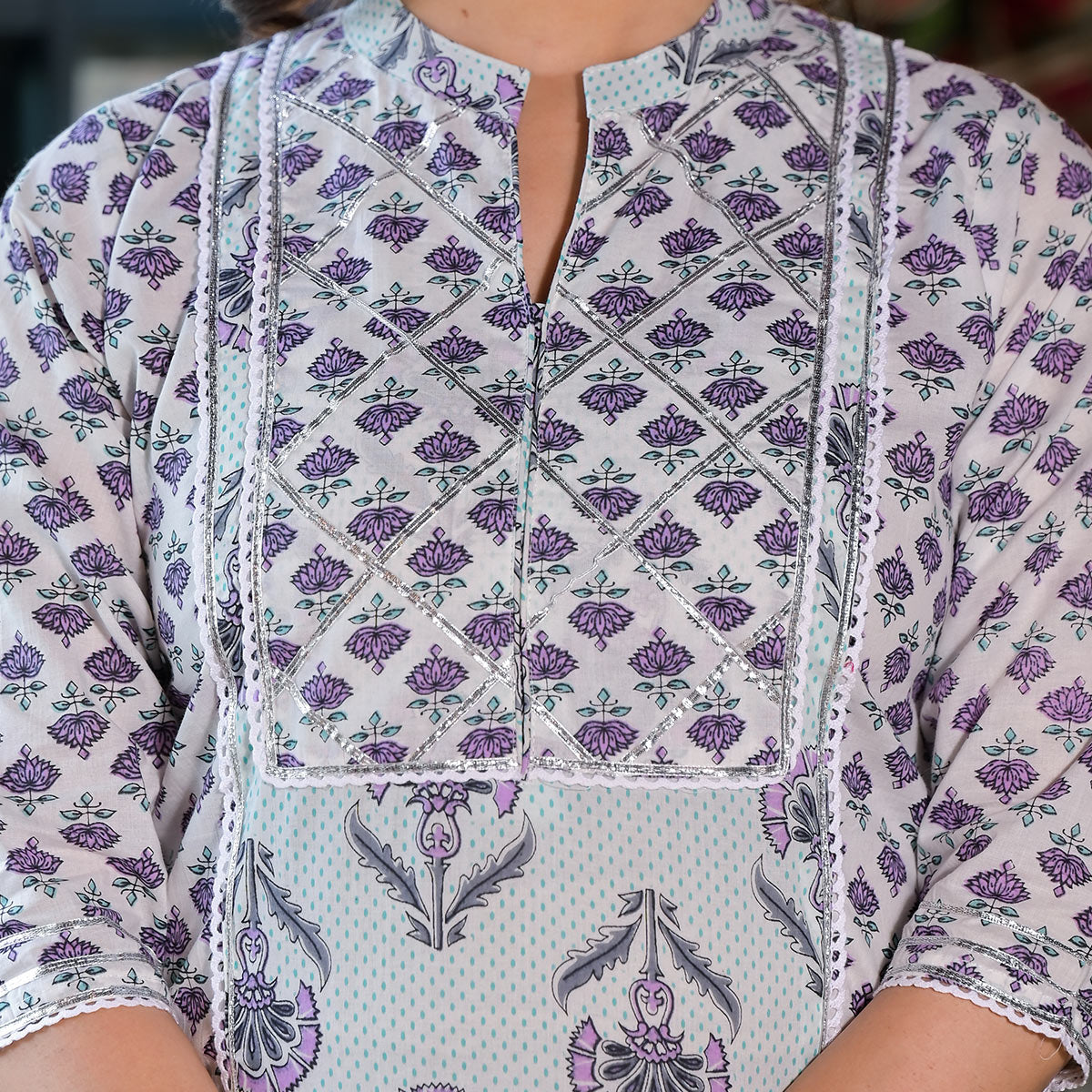White & Purple Floral Printed Pure Cotton Salwar Suit