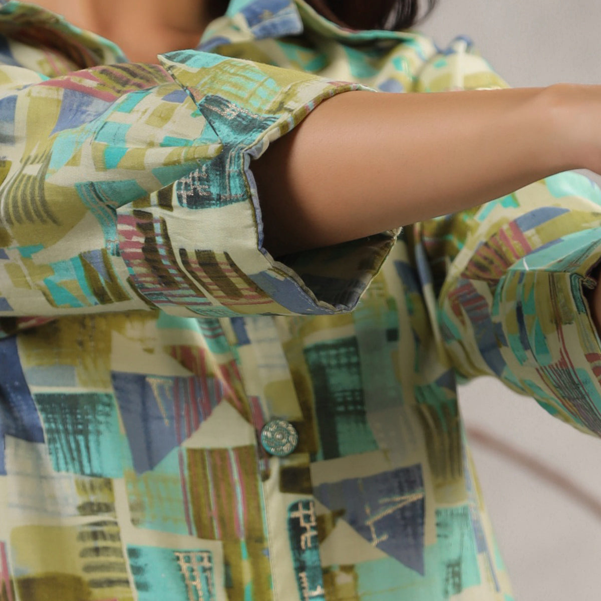 Green Geometric Printed Muslin Co Ord Set