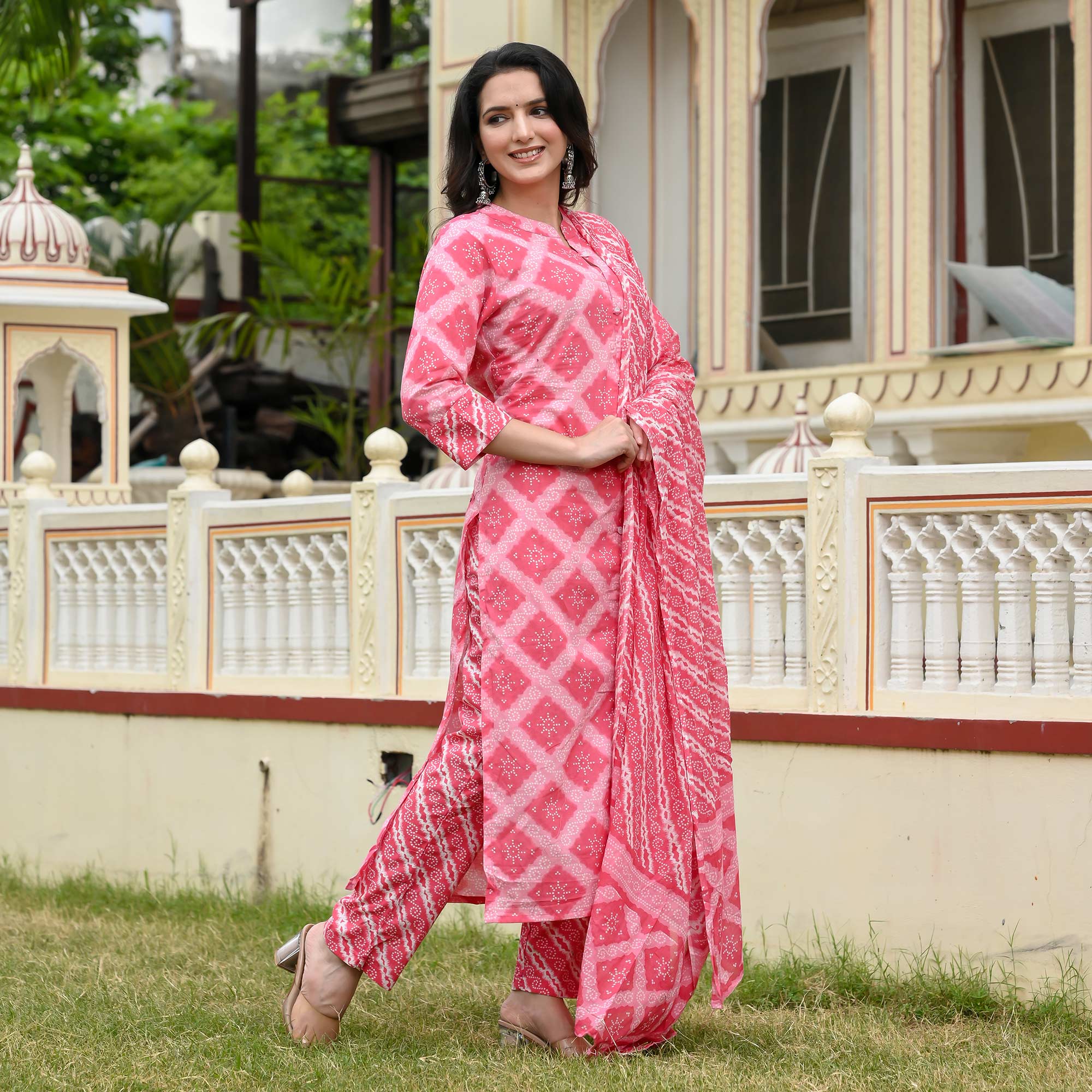 Pink Geometric Printed Pure Cotton Suit