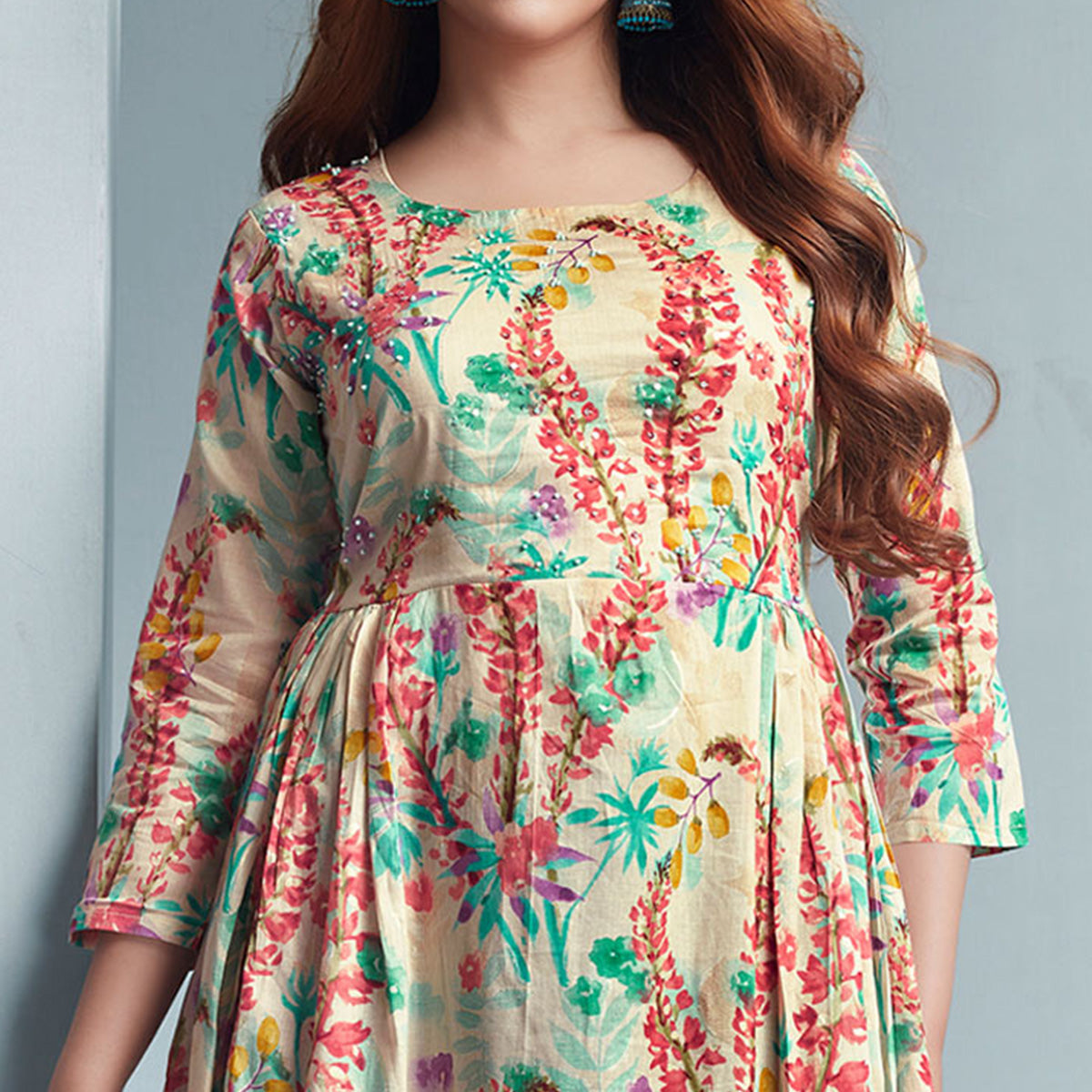 Off White Floral Printed Mulmul Cotton Dress