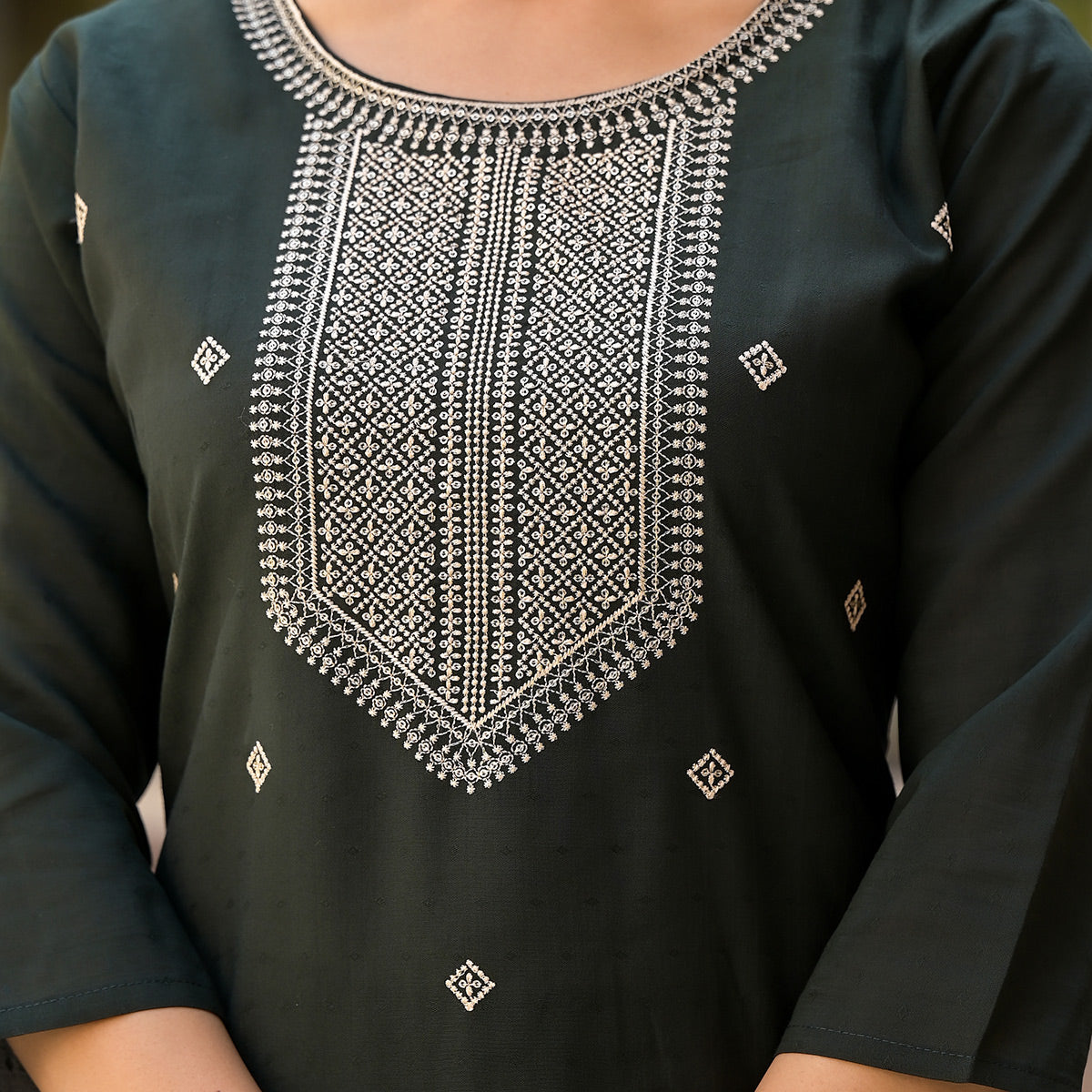 Olive Green Embroidered Viscose Straight Kurti Sets