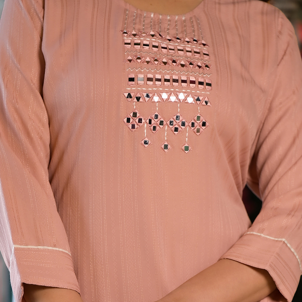 Peach Striped Embroidered Rayon Straight Kurti