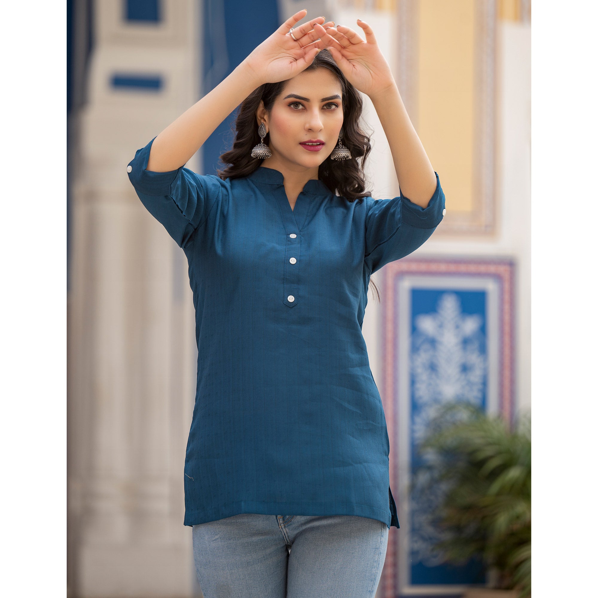Blue Solid Cotton Silk Straight Top